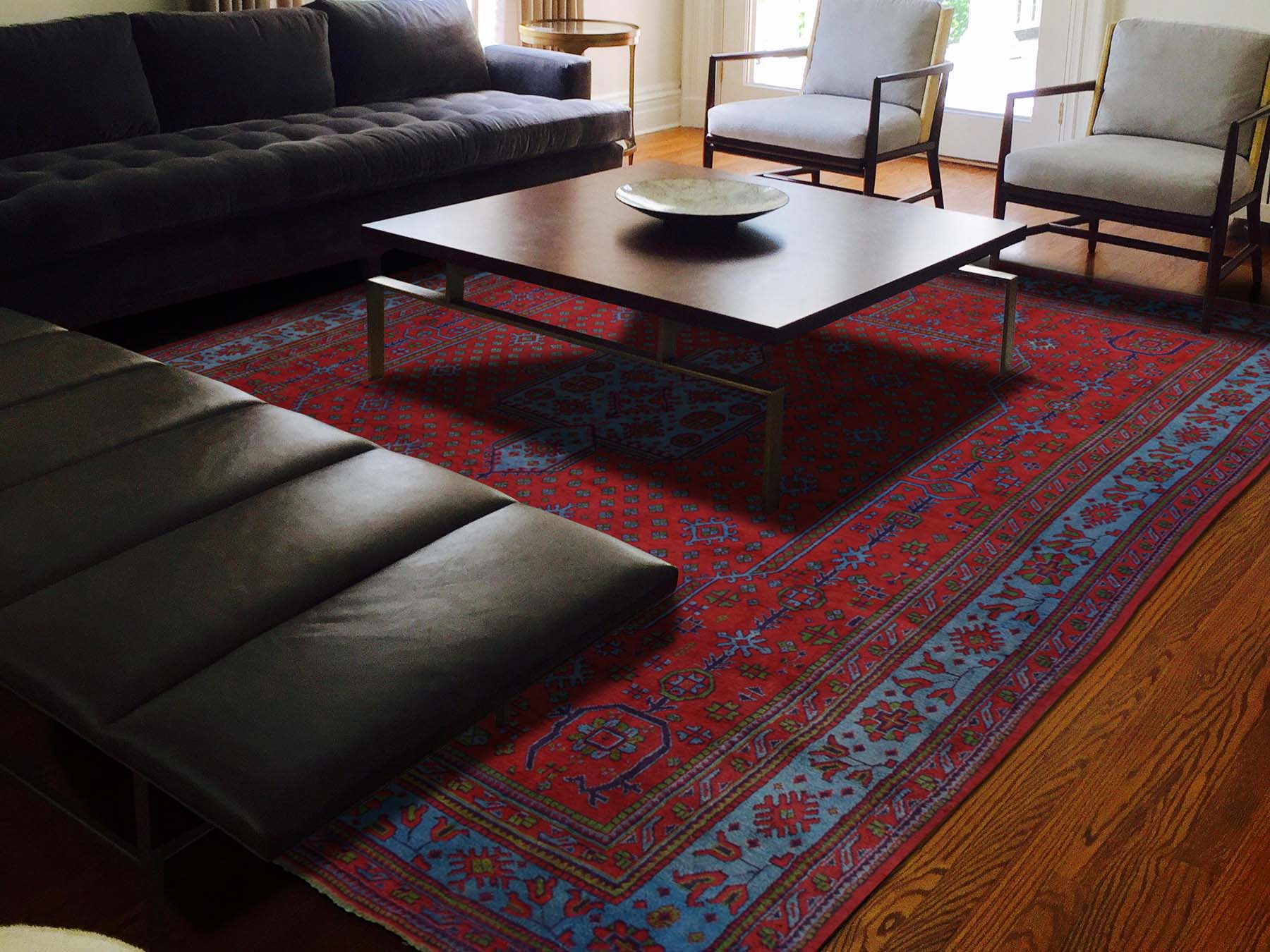 Oushak Antique hand-knotted wool rug in Red & Sky Blue, 16'8" x 19'1" — SKU O039765 (view 2)