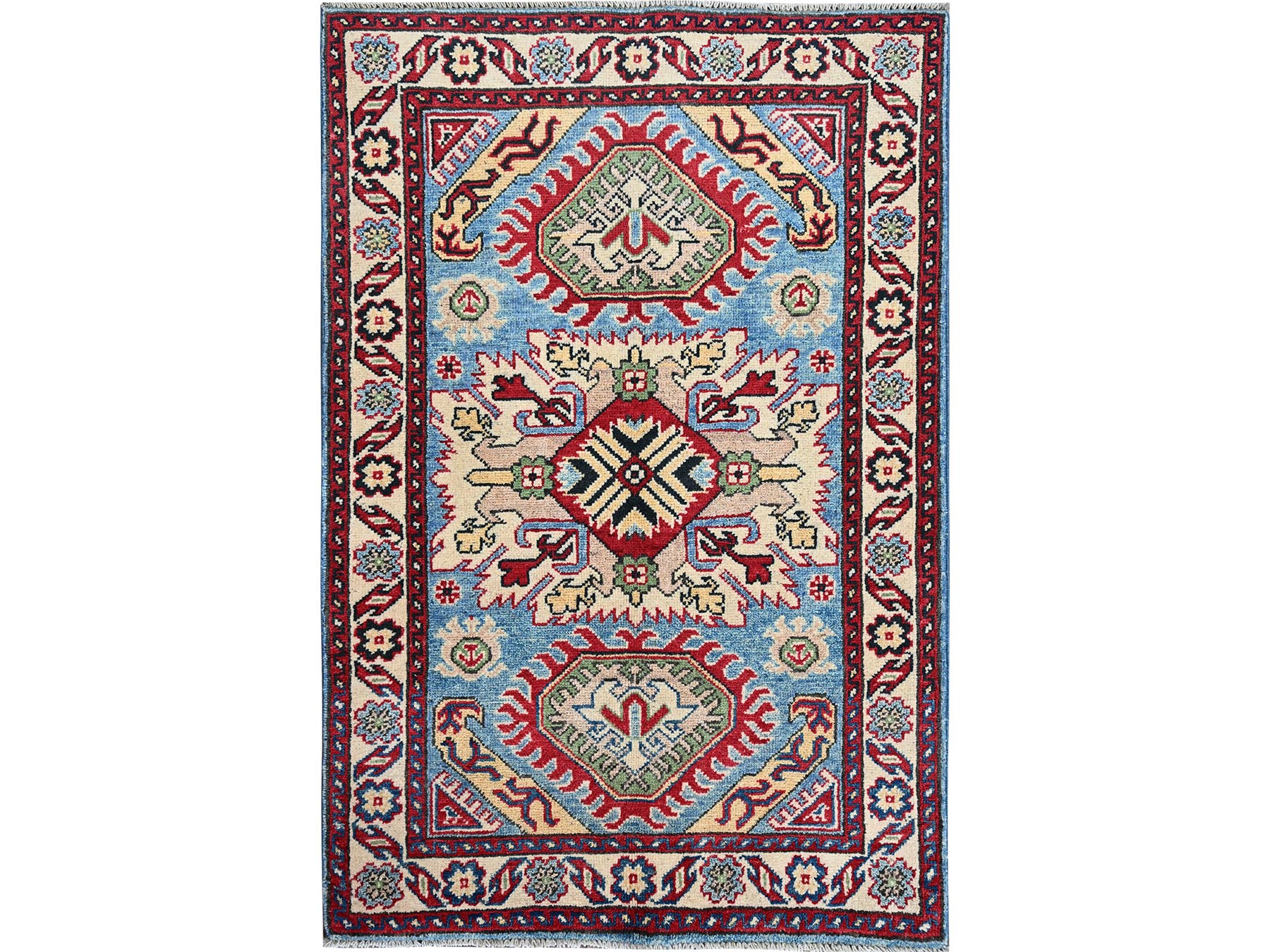 Kazak Kazak hand-knotted wool rug in Blue & Ivory, 2'9" x 3'11" — SKU O0397