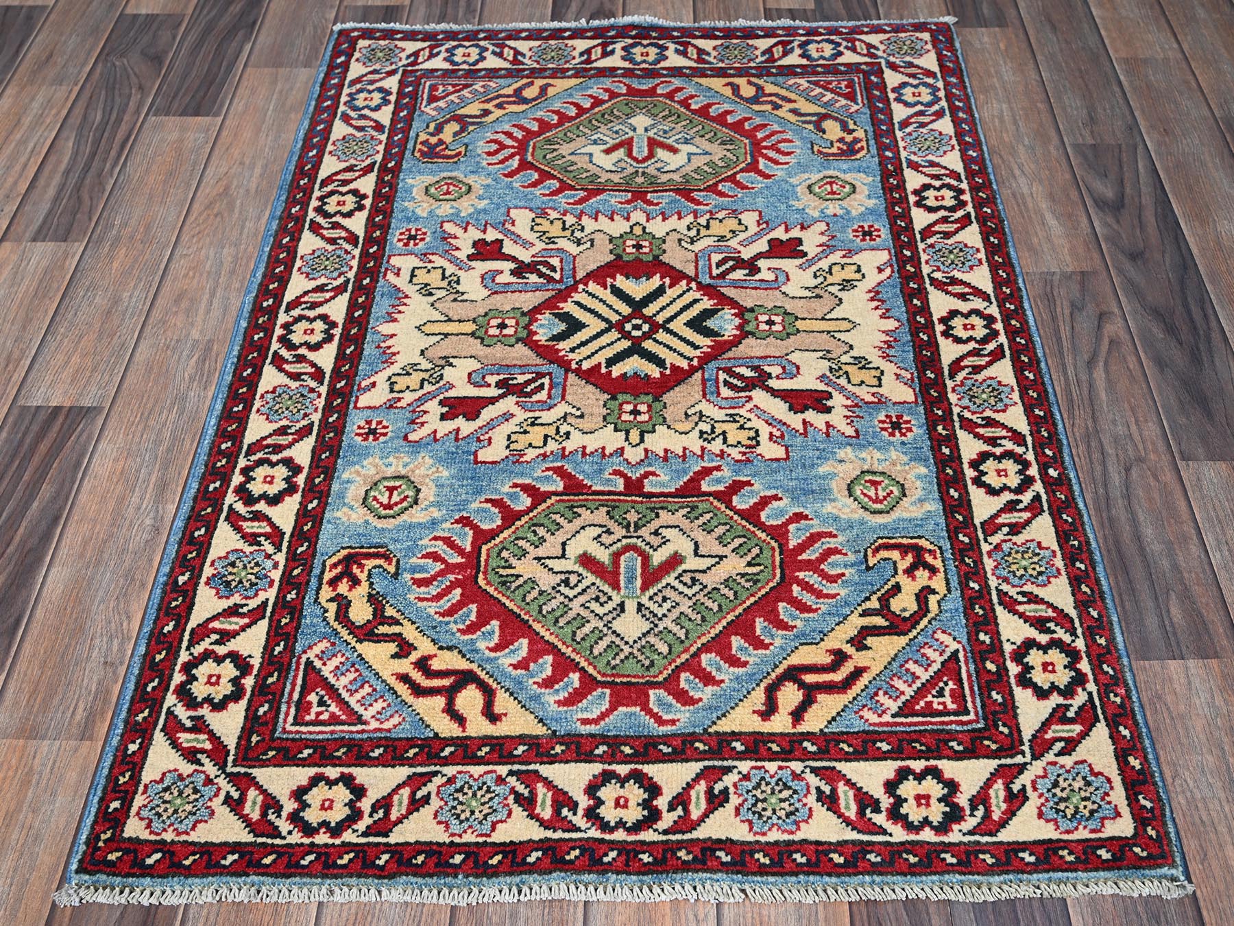 Kazak Kazak hand-knotted wool rug in Blue & Ivory, 2'9" x 3'11" — SKU O0397 (view 2)