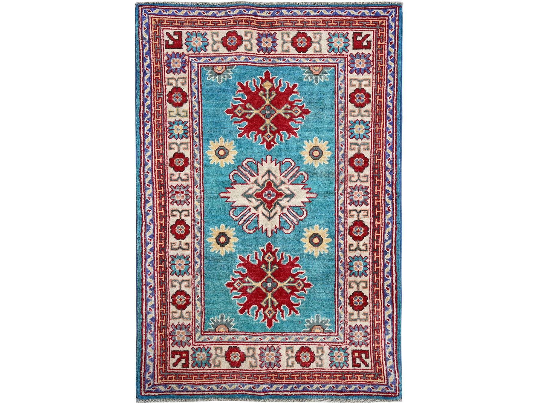 Kazak Kazak hand-knotted wool rug in Blue & Ivory, 2'7" x 4'1" — SKU O0398