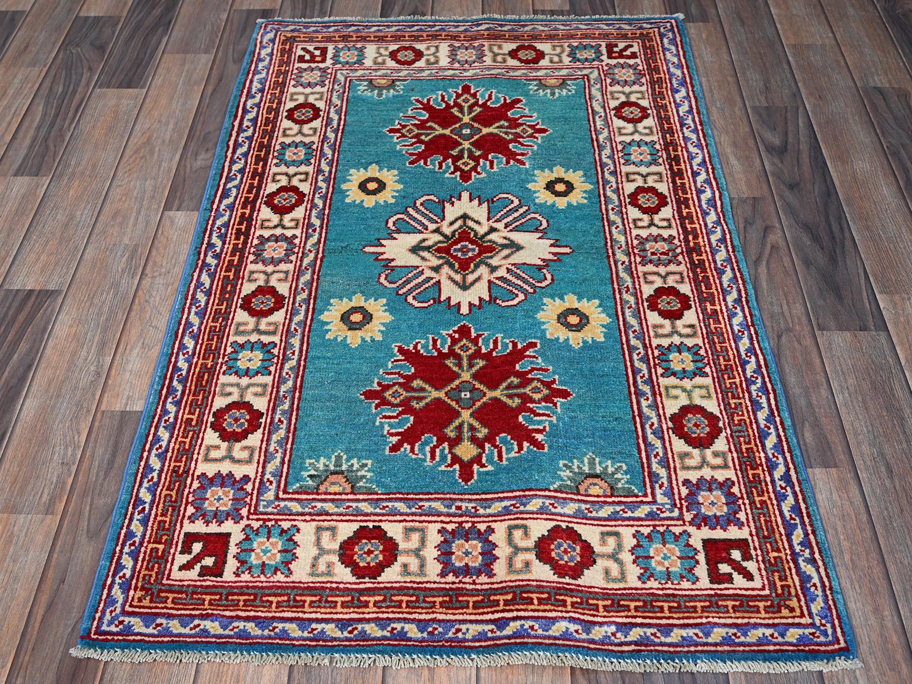 Kazak Kazak hand-knotted wool rug in Blue & Ivory, 2'7" x 4'1" — SKU O0398 (view 2)