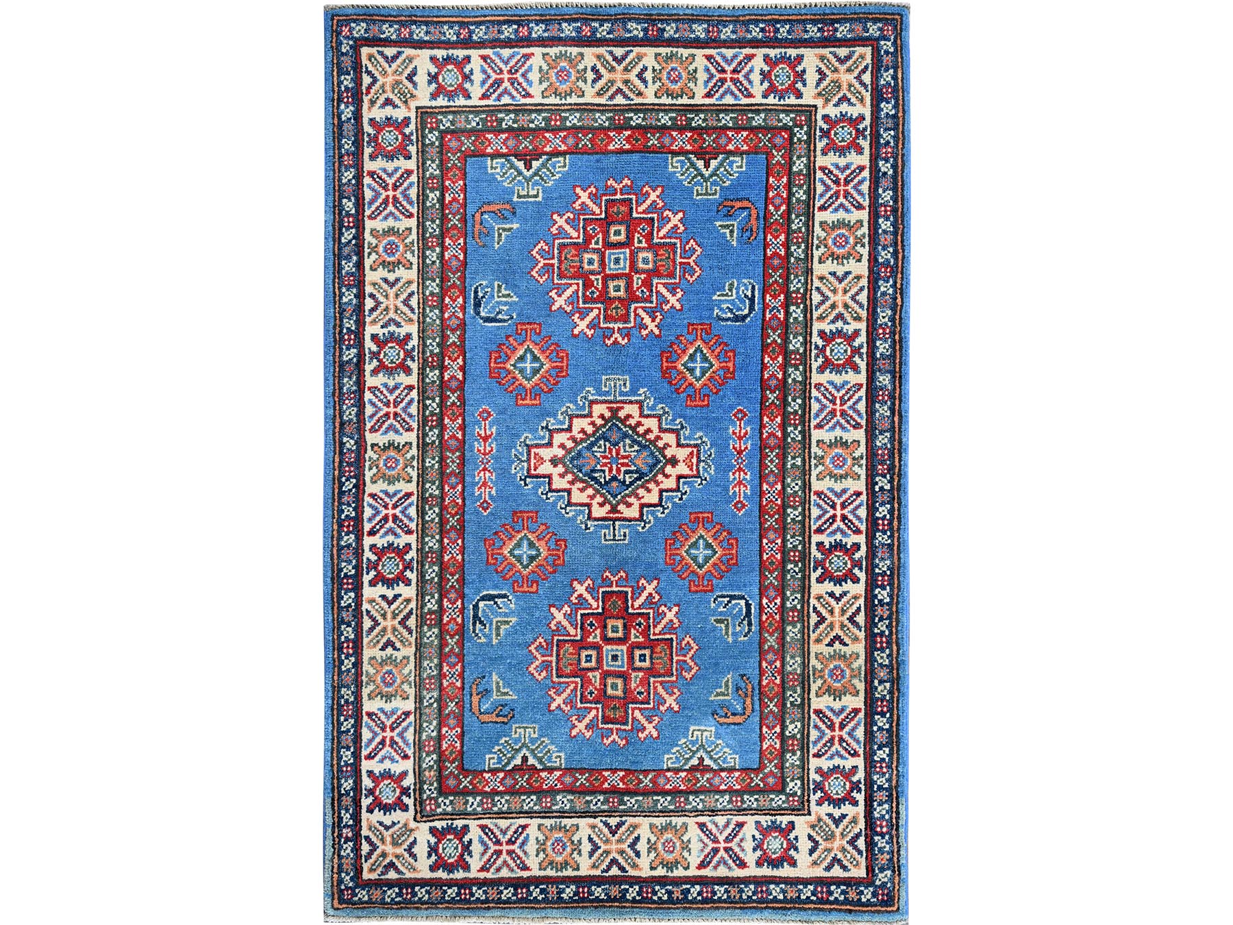 Kazak Kazak hand-knotted wool rug in Blue & Ivory, 2'9" x 4'1" — SKU O0399