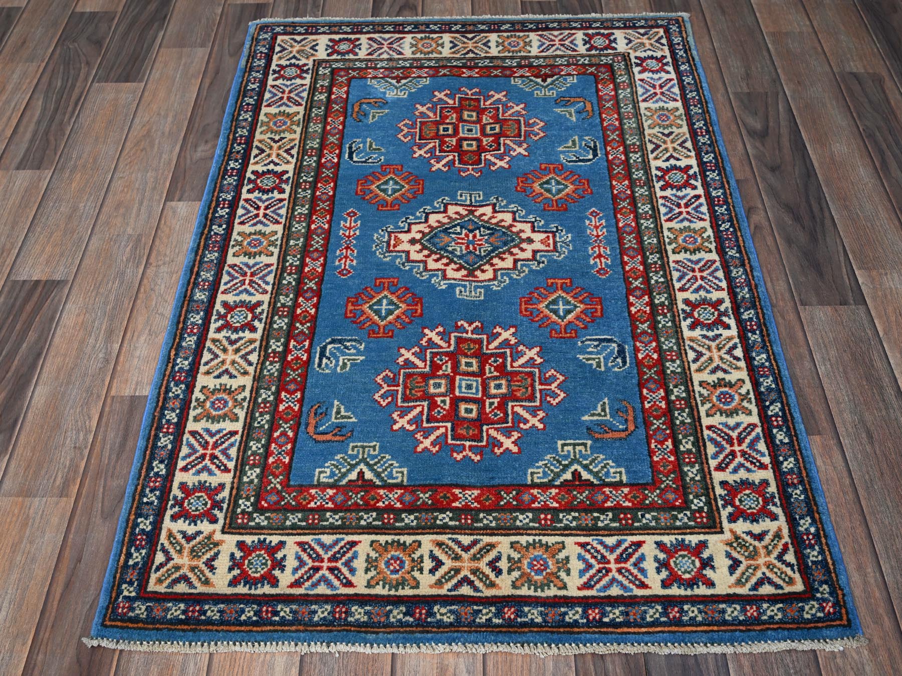 Kazak Kazak hand-knotted wool rug in Blue & Ivory, 2'9" x 4'1" — SKU O0399 (view 2)