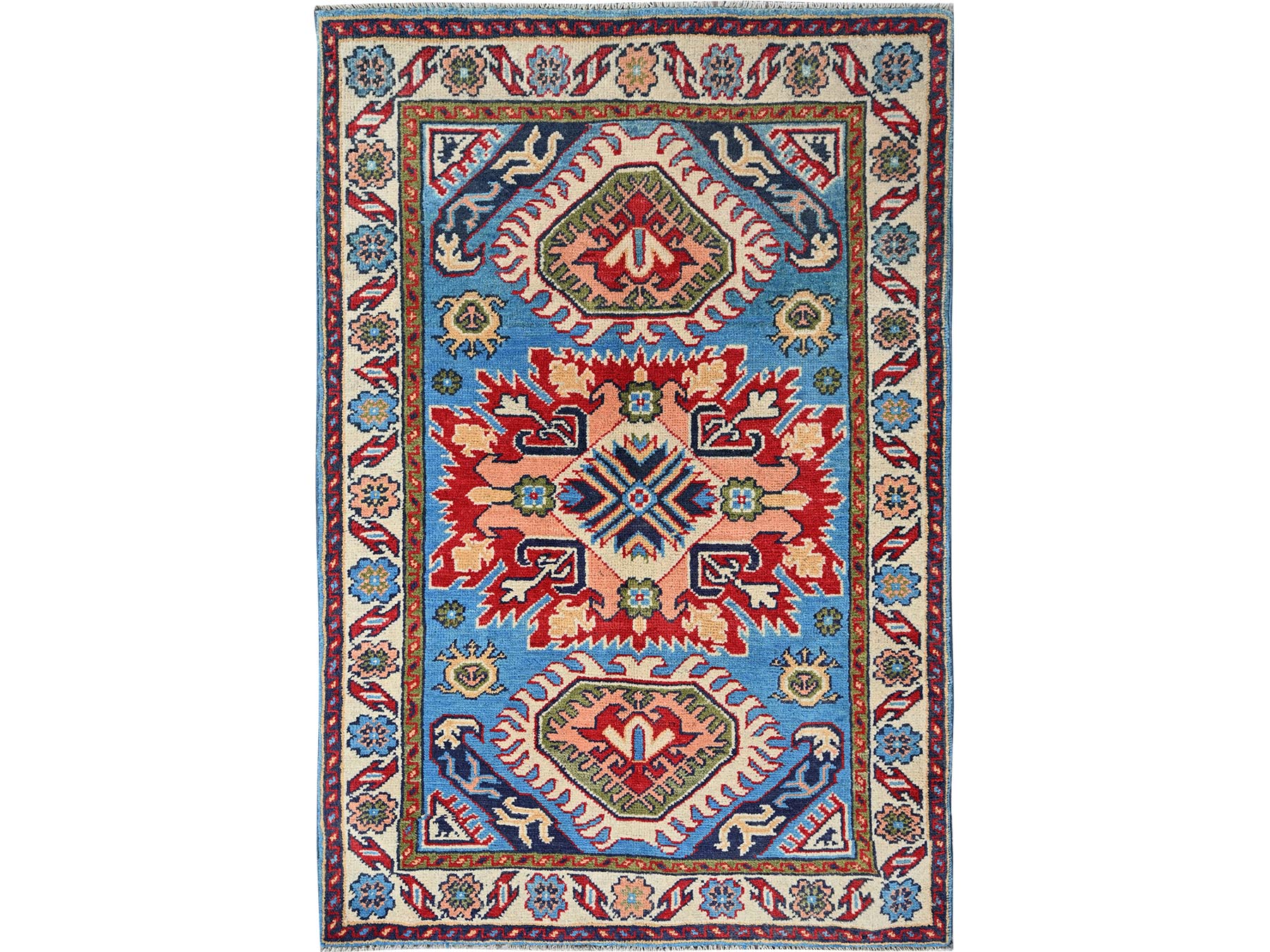 Kazak Kazak hand-knotted wool rug in Blue & Ivory, 2'8" x 3'11" — SKU O0400