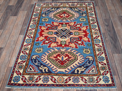 Blue 2'8" x 3'11" Kazak Hand knotted Wool Rug - Sku: O0400
