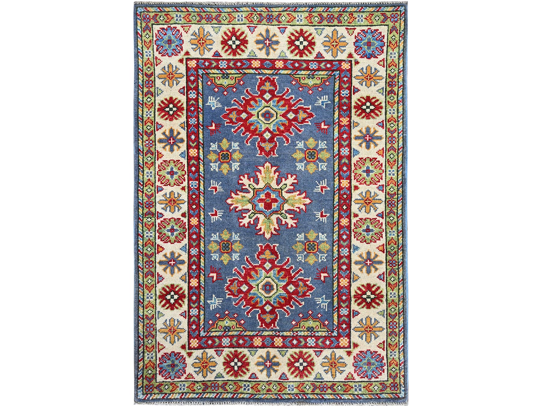 Kazak Kazak hand-knotted wool rug in Blue & Ivory, 2'9" x 4'1" — SKU O0404