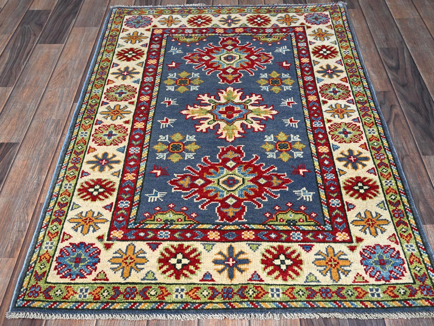 Kazak Kazak hand-knotted wool rug in Blue & Ivory, 2'9" x 4'1" — SKU O0404 (view 2)