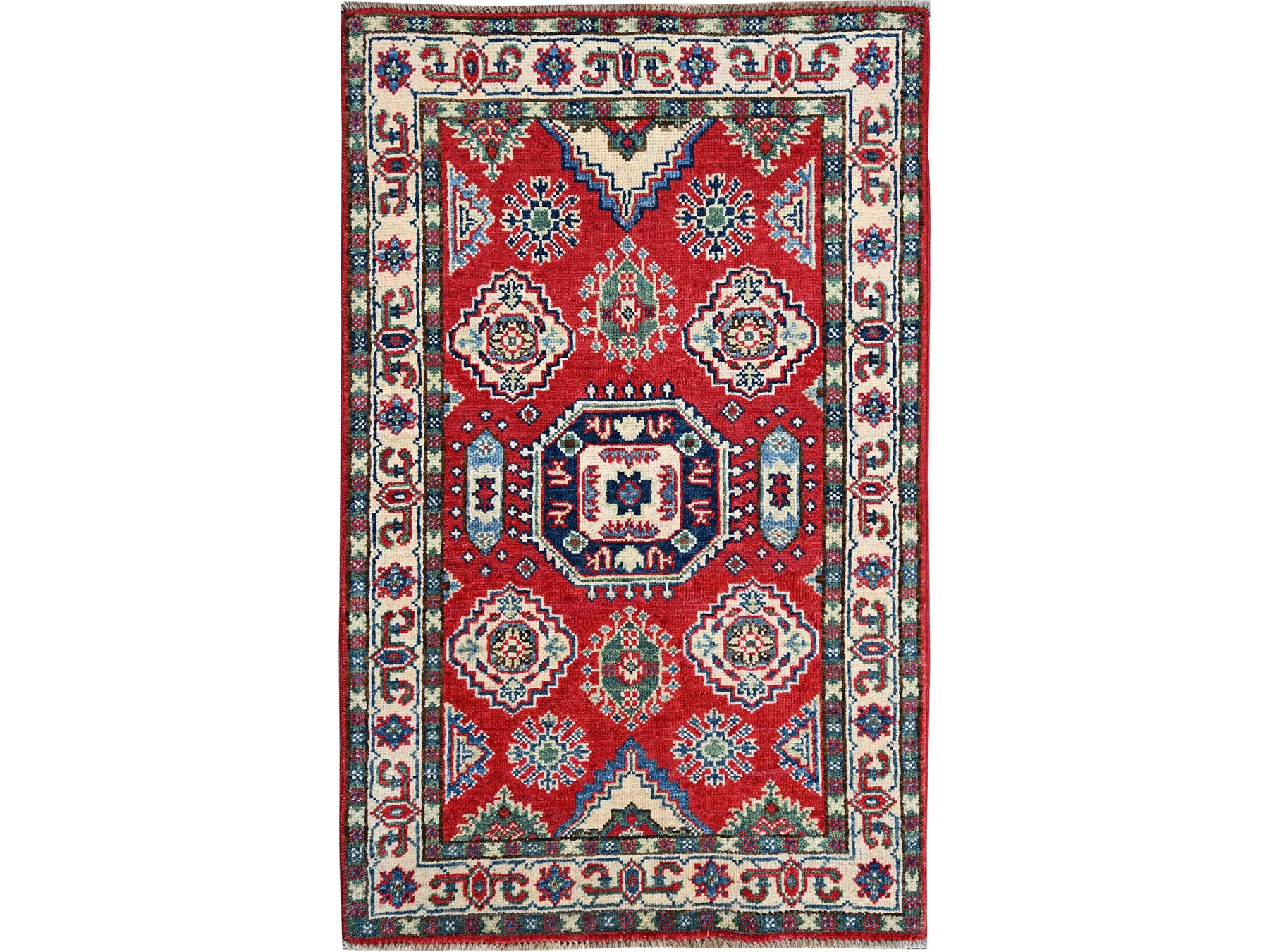 Kazak Kazak hand-knotted wool rug in Red & Ivory, 2'6" x 4' — SKU O0406