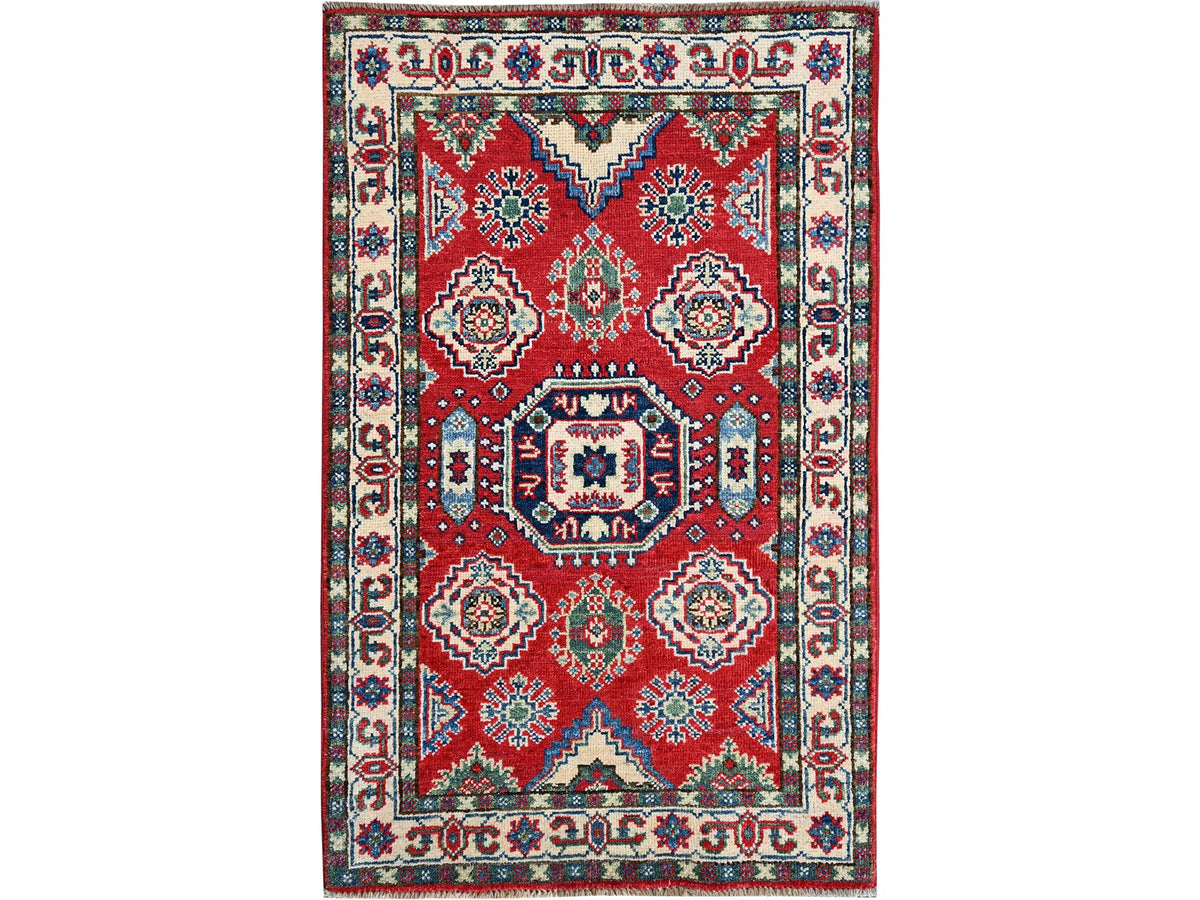 Kazak Kazak hand-knotted wool rug in Red & Ivory, 2'6" x 4' — SKU O0406