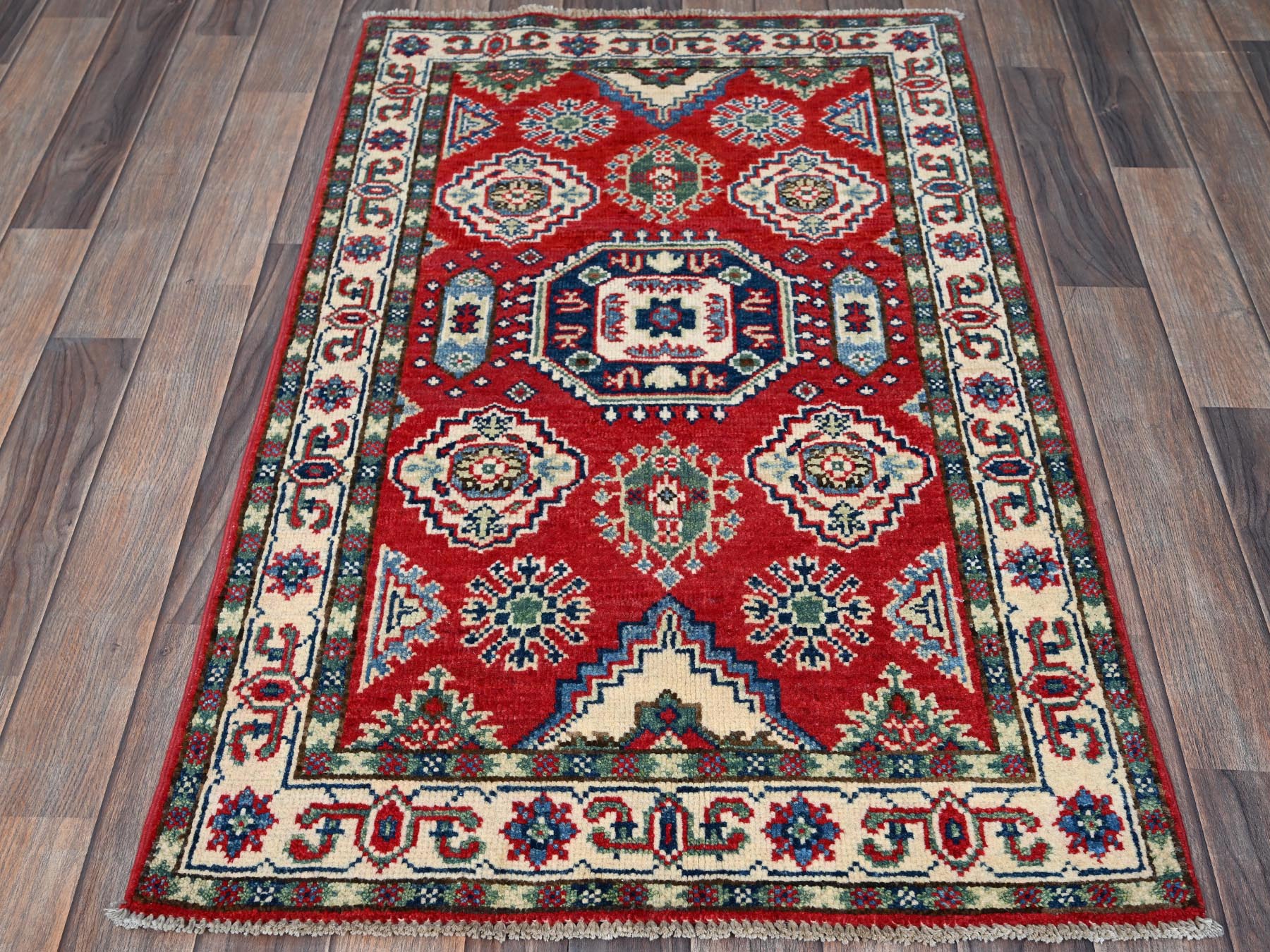 Kazak Kazak hand-knotted wool rug in Red & Ivory, 2'6" x 4' — SKU O0406 (view 2)