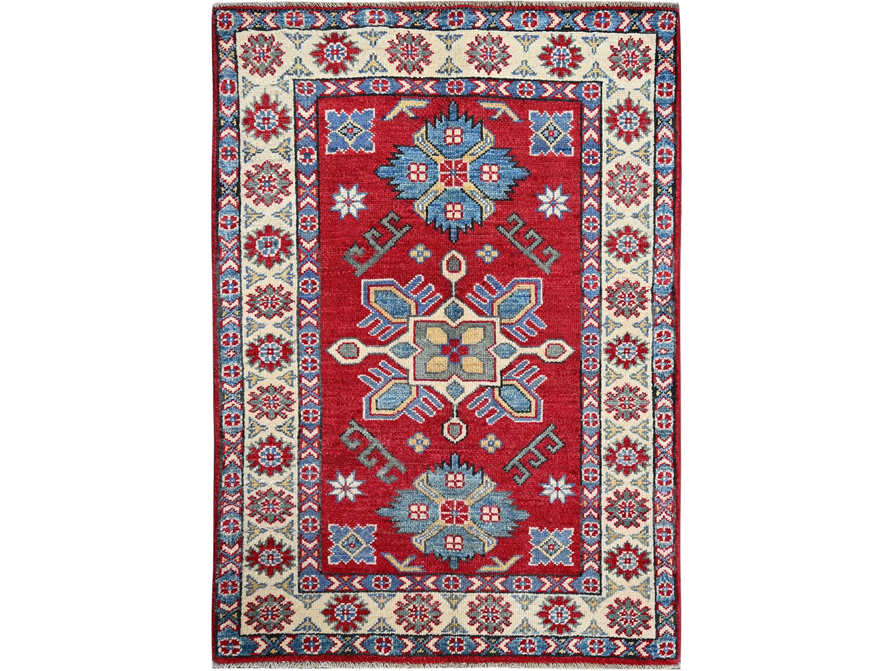 Kazak Kazak hand-knotted wool rug in Red & Ivory, 2'9" x 3'11" — SKU O0407