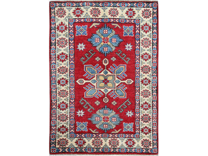 Kazak Kazak hand-knotted wool rug in Red & Ivory, 2'9" x 3'11" — SKU O0407