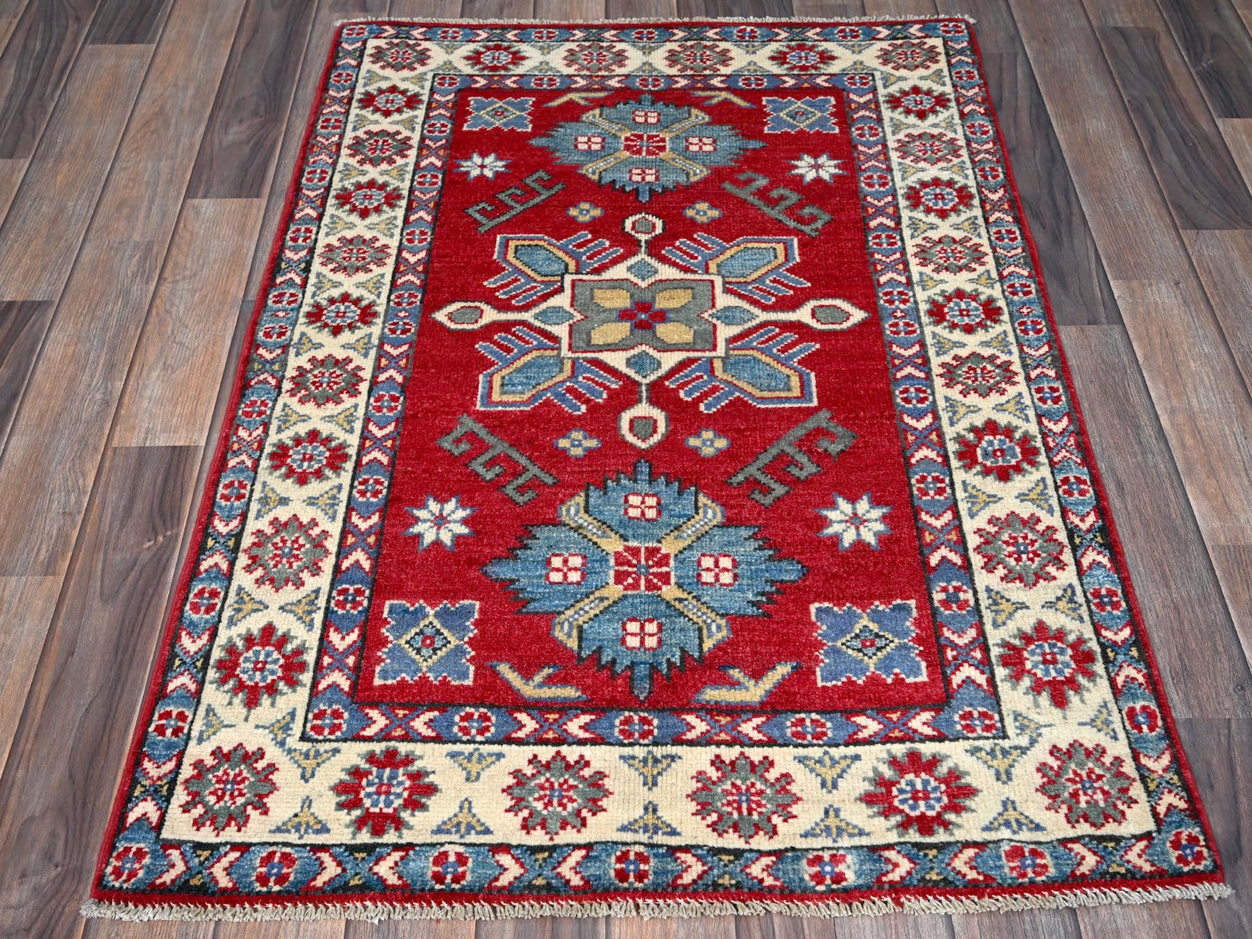 Kazak Kazak hand-knotted wool rug in Red & Ivory, 2'9" x 3'11" — SKU O0407 (view 2)