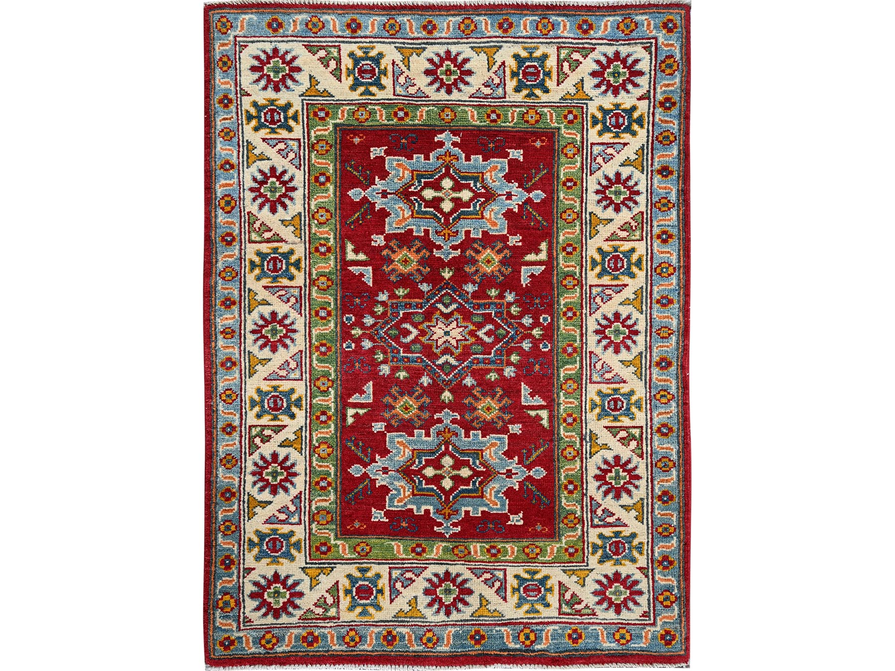 Kazak Kazak hand-knotted wool rug in Red & Ivory, 2'11" x 3'11" — SKU O0410