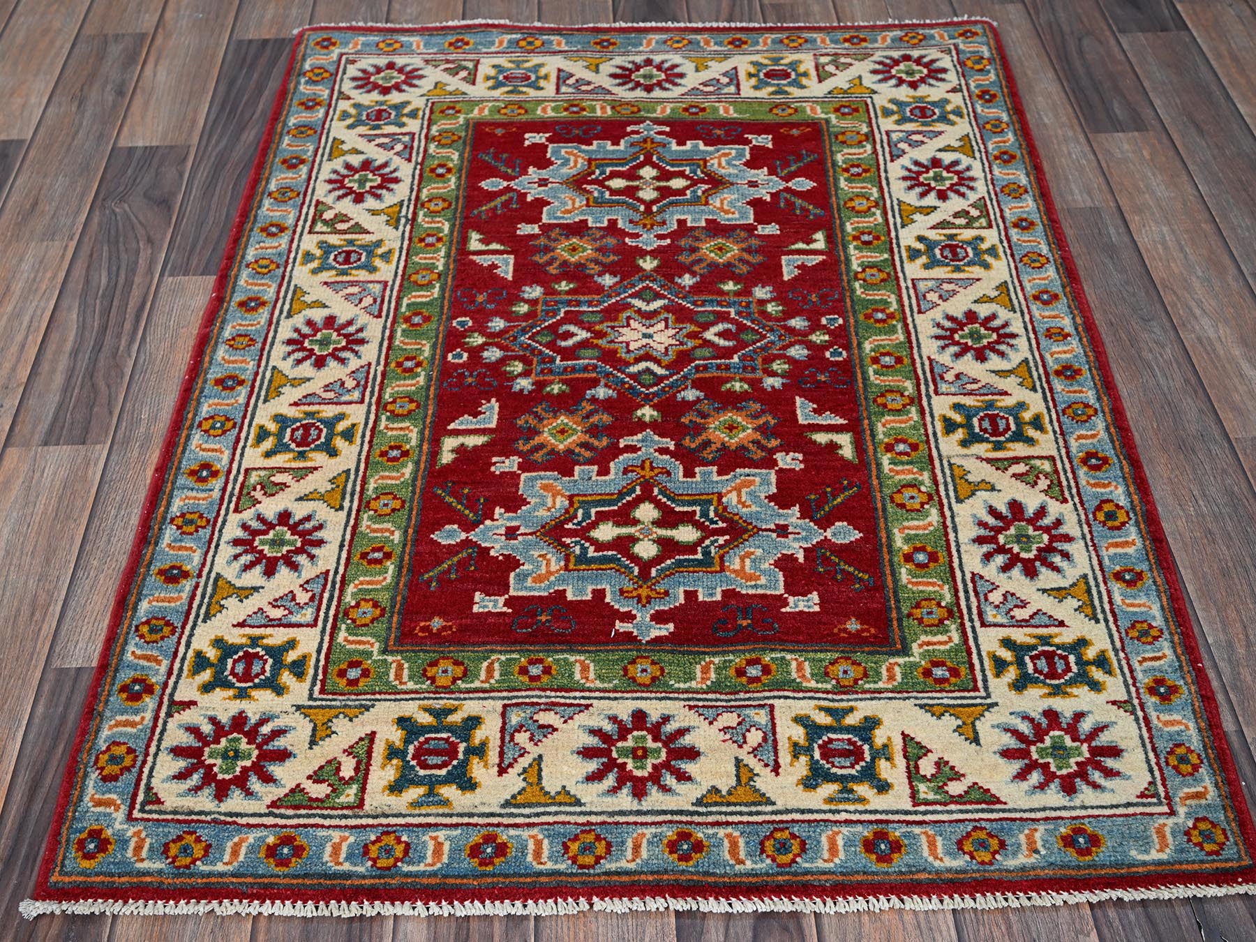 Kazak Kazak hand-knotted wool rug in Red & Ivory, 2'11" x 3'11" — SKU O0410 (view 2)