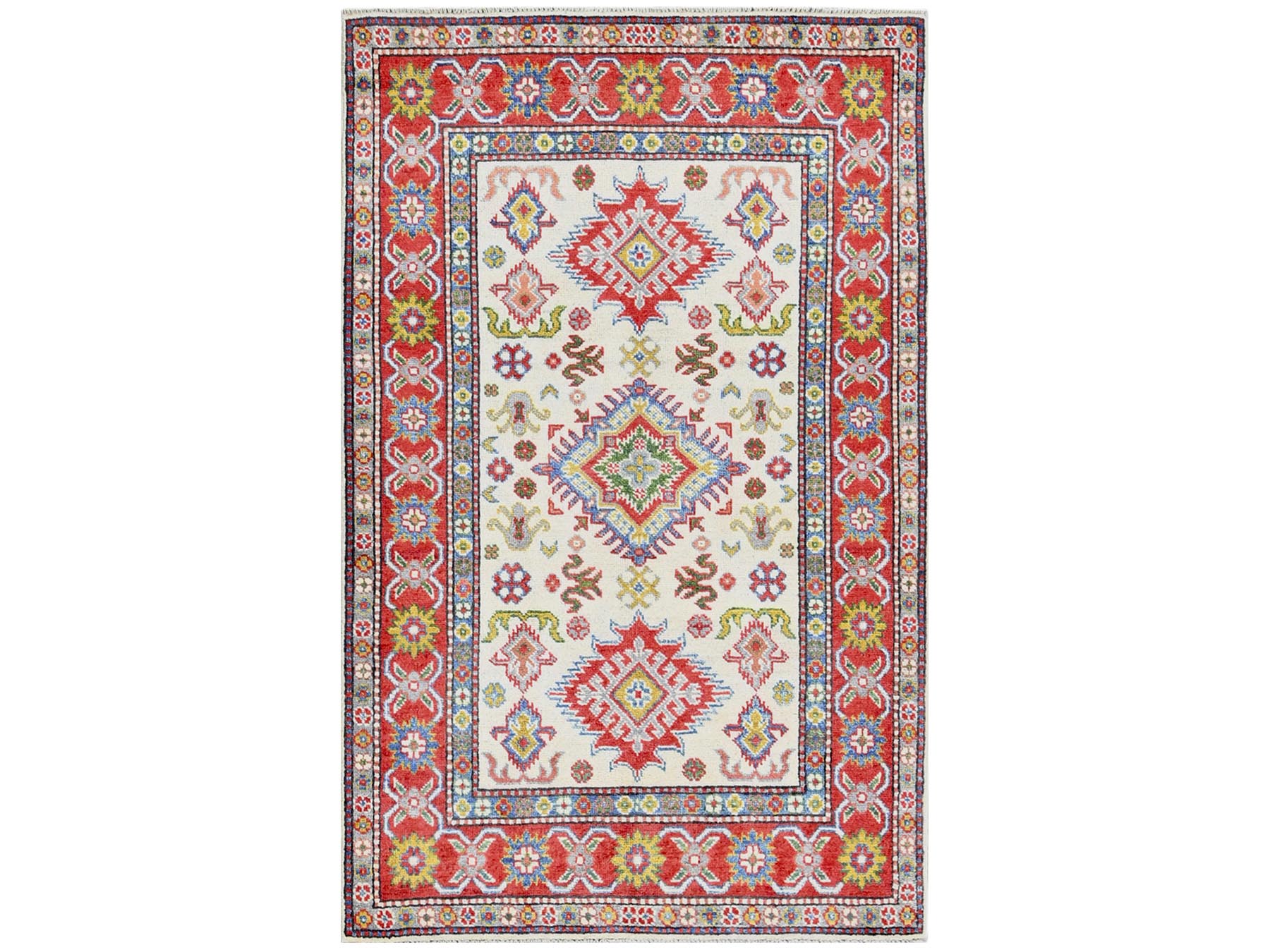 Kazak Kazak hand-knotted wool rug in Ivory & Red, 3'2" x 5'3" — SKU O0415