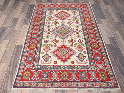 Ivory 3'2" x 5'3" Kazak Hand knotted Wool Rug - Sku: O0415