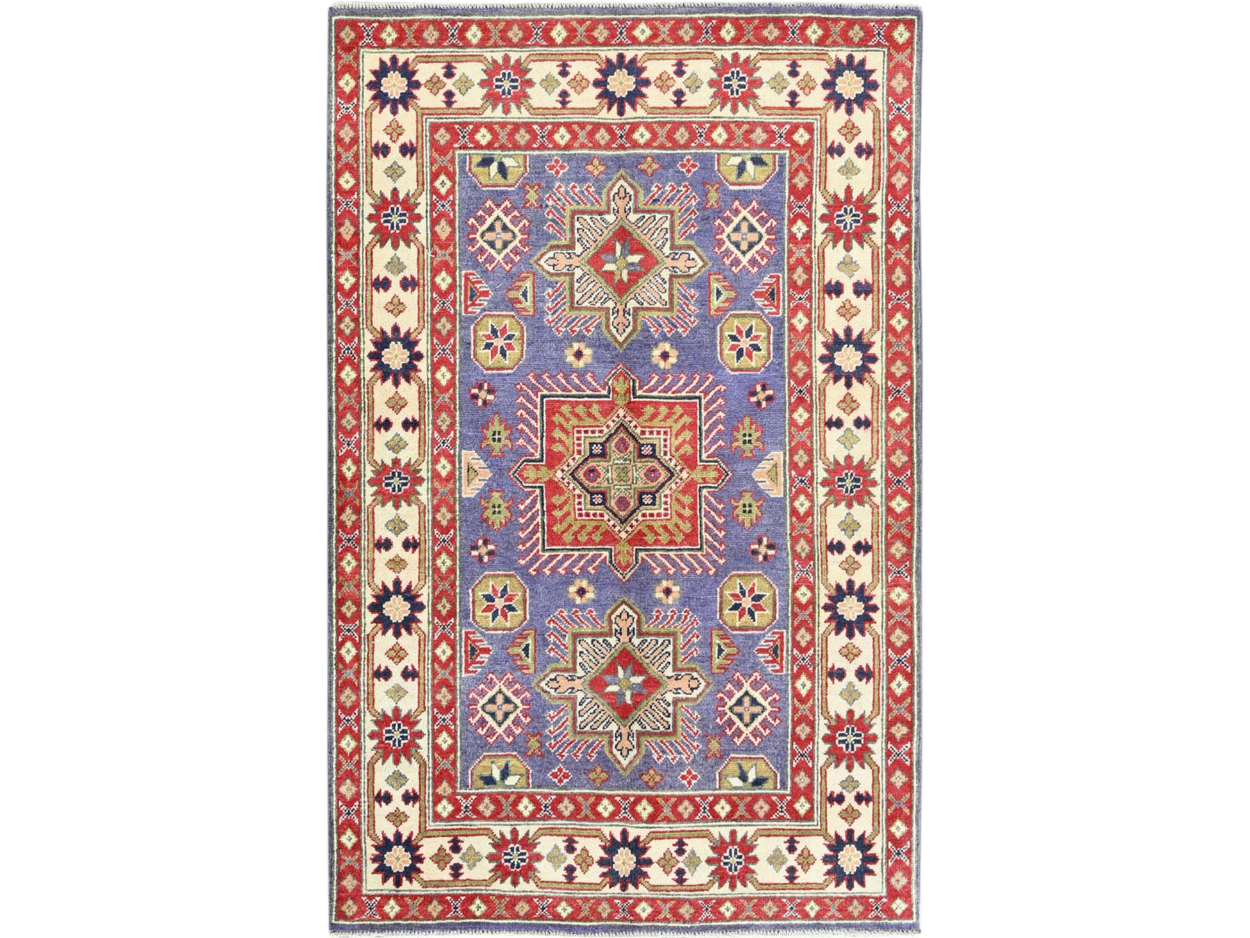Kazak Kazak hand-knotted wool rug in Purple & Ivory, 3'11" x 6'1" — SKU O0417
