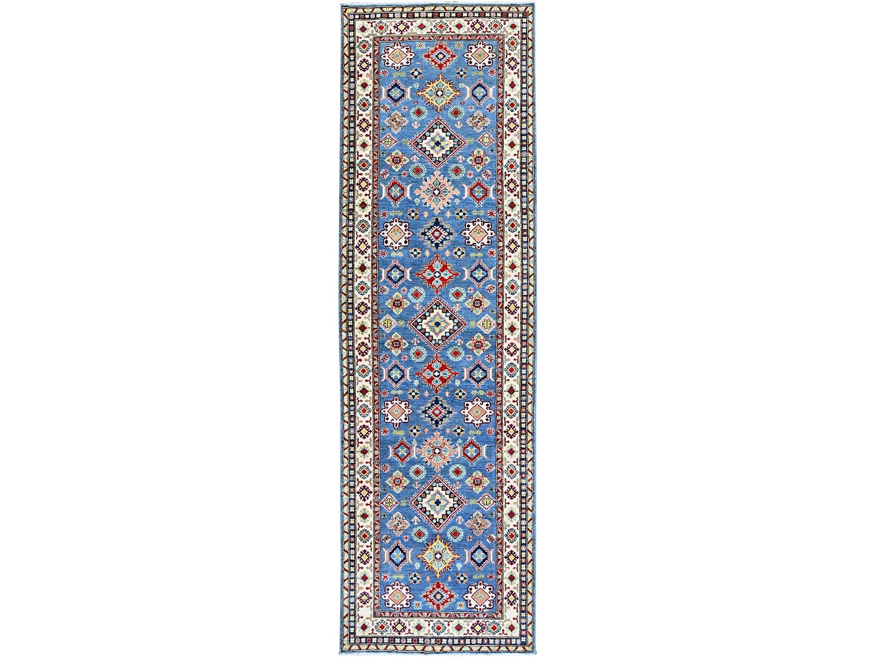 Kazak Kazak hand-knotted wool runner in Blue & Ivory, 3'11" x 12'11" — SKU O0420