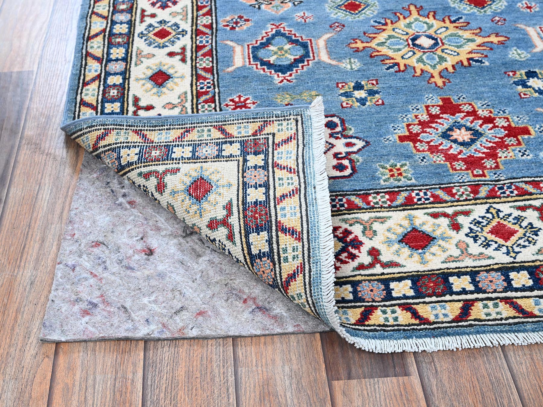 Kazak Kazak hand-knotted wool runner in Blue & Ivory, 3'11" x 12'11" — SKU O0420 (view 3)