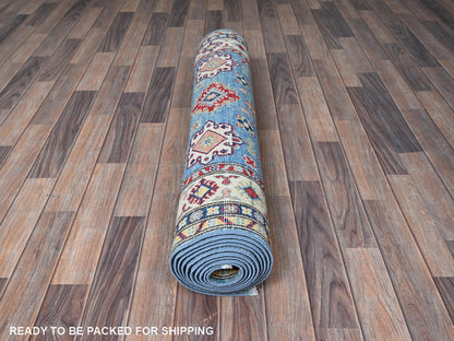 Blue 3'11" x 12'11" Kazak Hand knotted Wool Rug - Sku: O0420