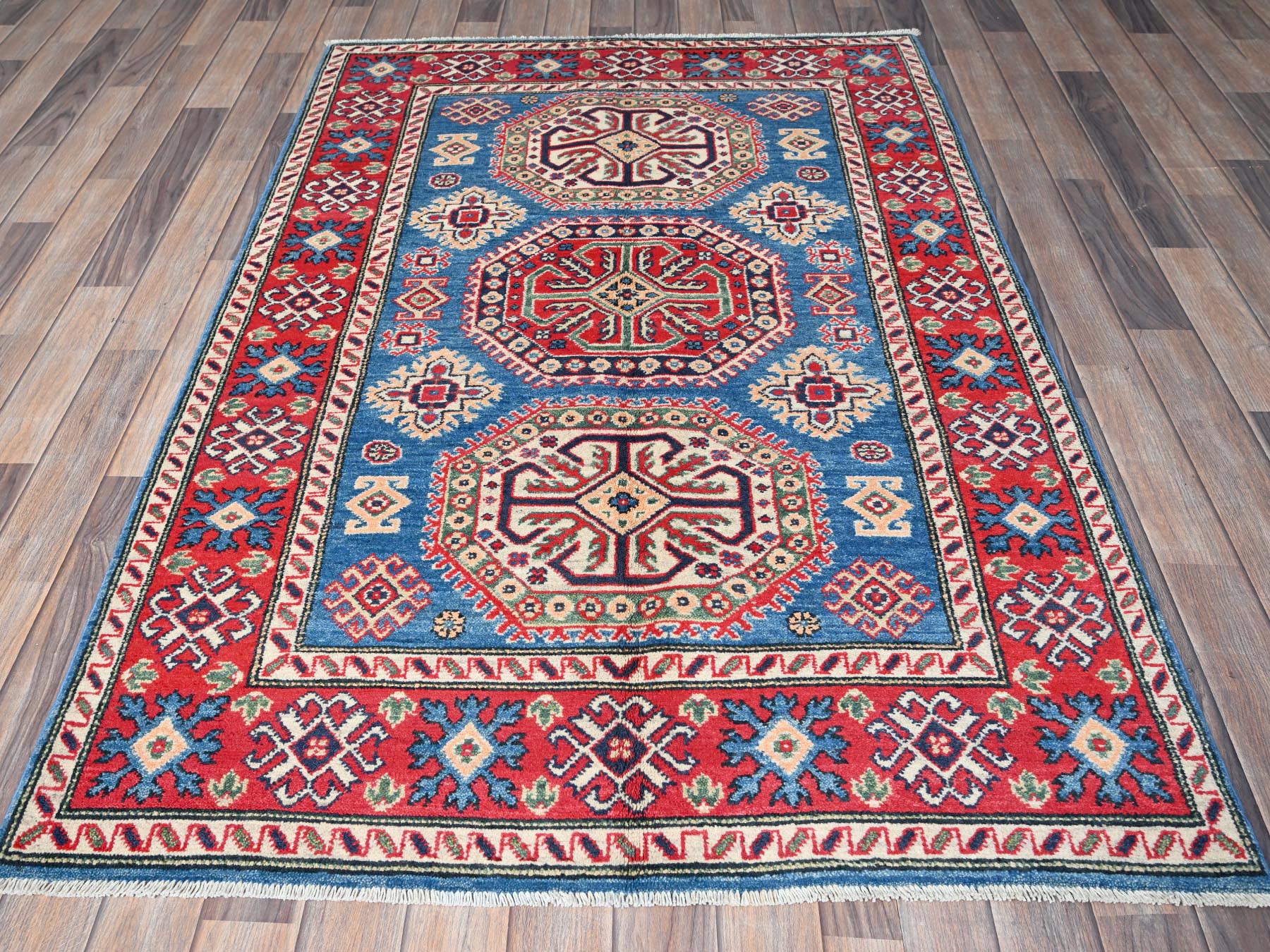 Kazak Kazak hand-knotted wool rug in Blue & Red, 4'1" x 6' — SKU O0423 (view 2)