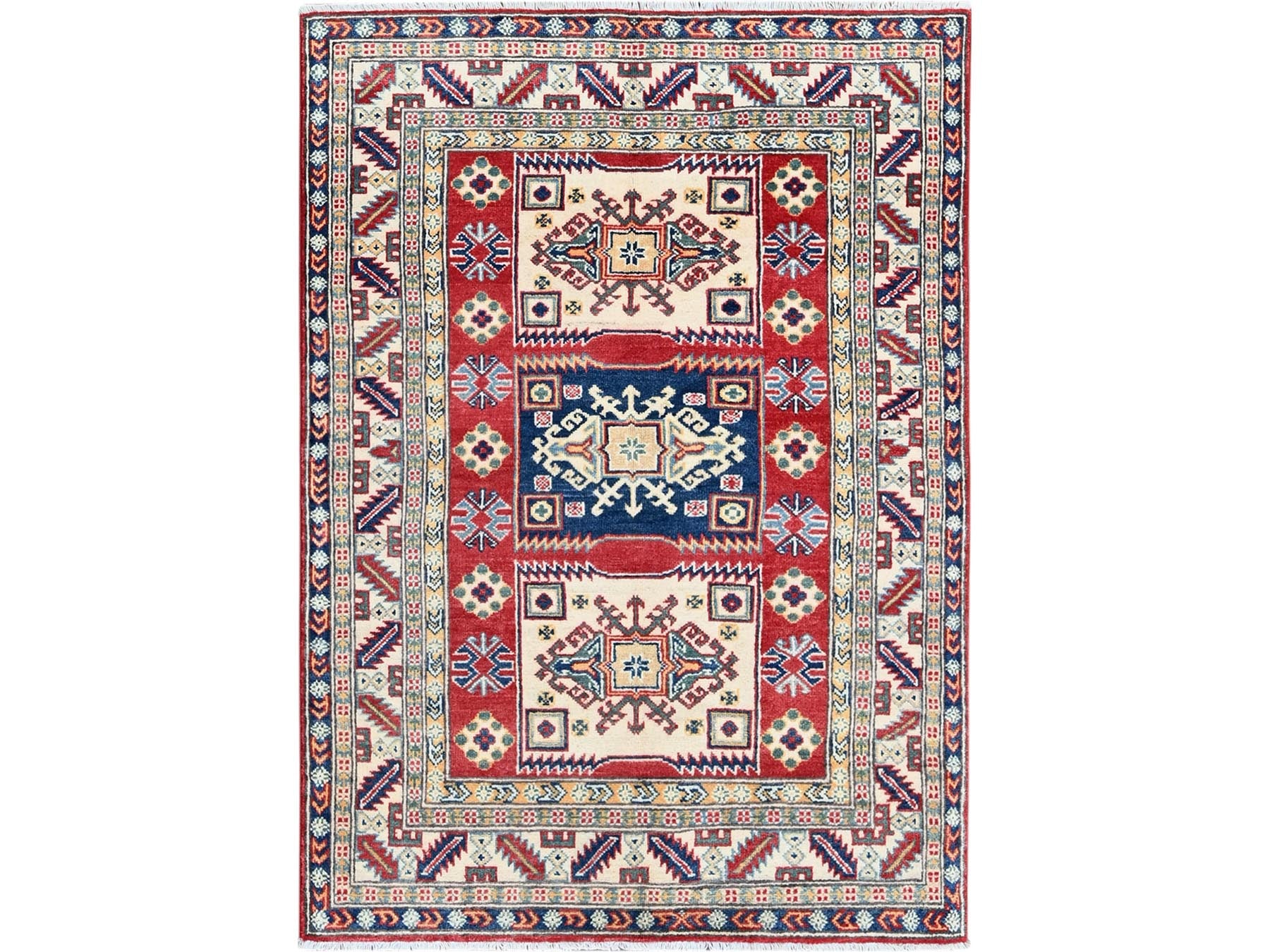 Kazak Kazak hand-knotted wool rug in Red & Ivory, 3'9" x 5'3" — SKU O0425