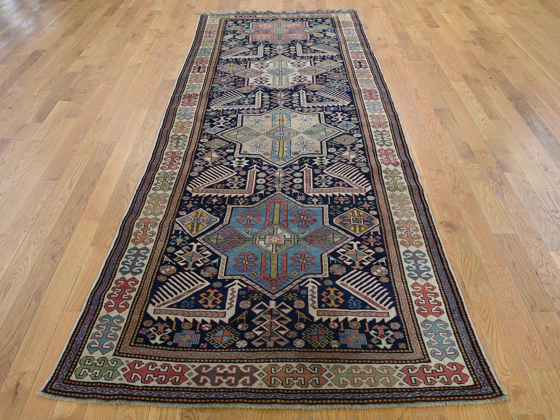 Antique hand-knotted wool runner in Blue & Gray, 4' x 10'4" — SKU O042866