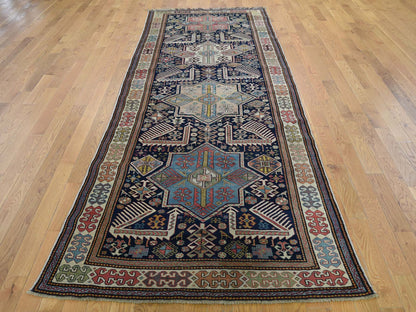 Antique hand-knotted wool runner in Blue & Gray, 4' x 10'4" — SKU O042866