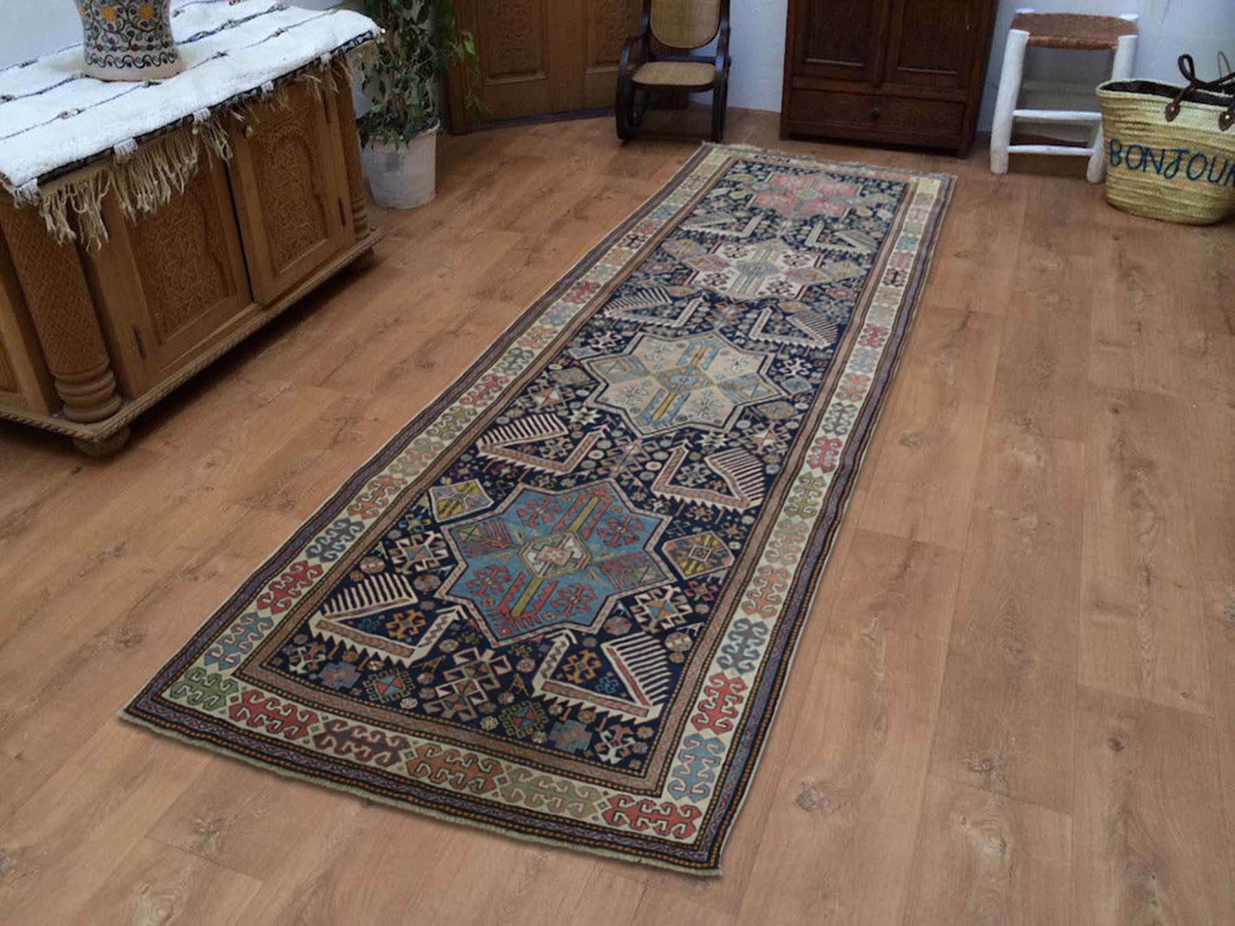Antique hand-knotted wool runner in Blue & Gray, 4' x 10'4" — SKU O042866 (view 2)