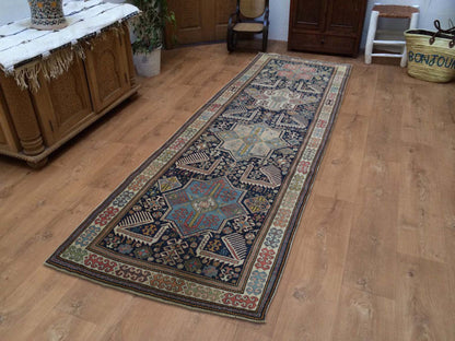 Antique hand-knotted wool runner in Blue & Gray, 4' x 10'4" — SKU O042866 (view 2)