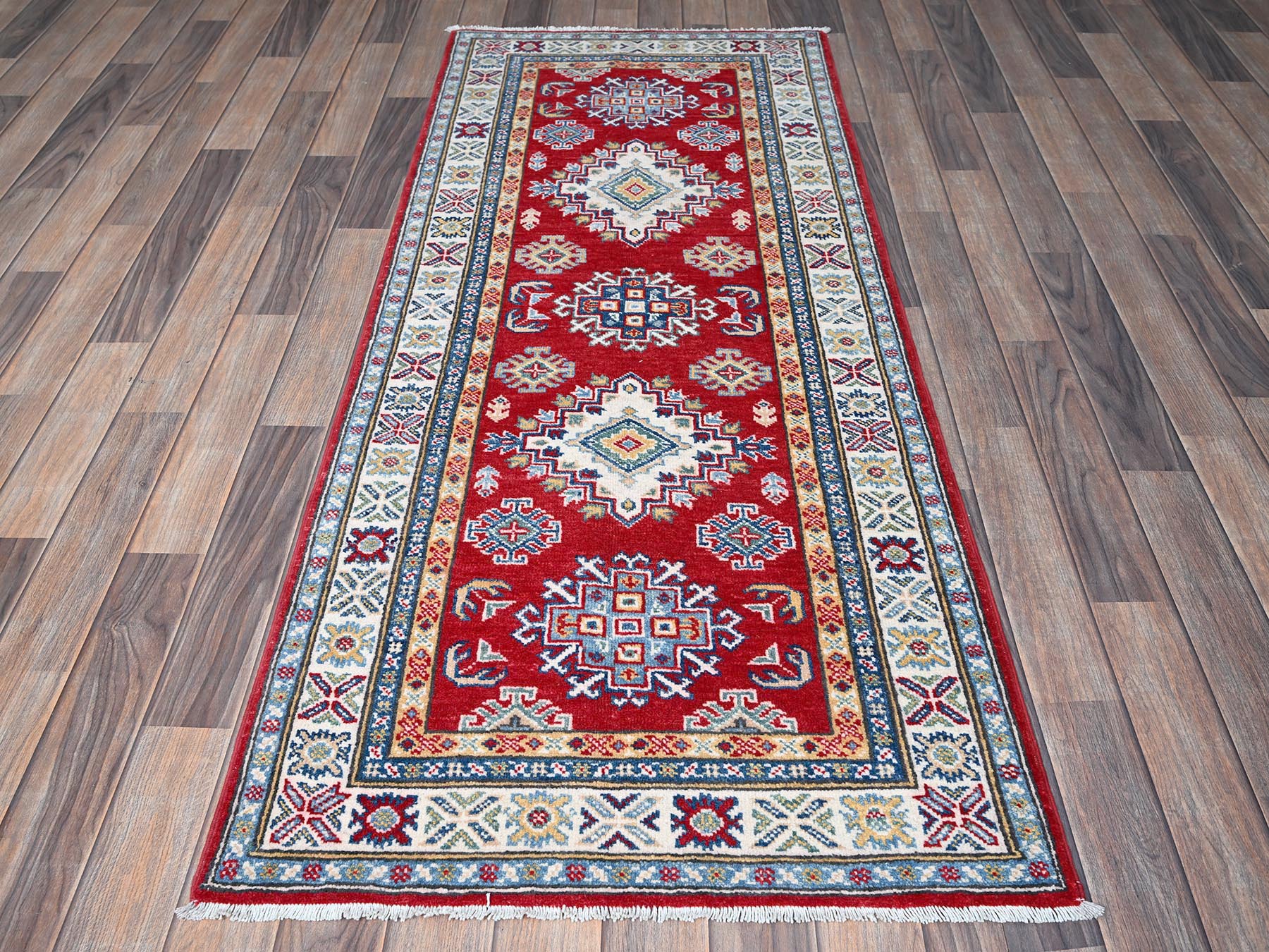 Kazak Kazak hand-knotted wool runner in Red & Ivory, 2'7" x 6'5" — SKU O0428 (view 2)