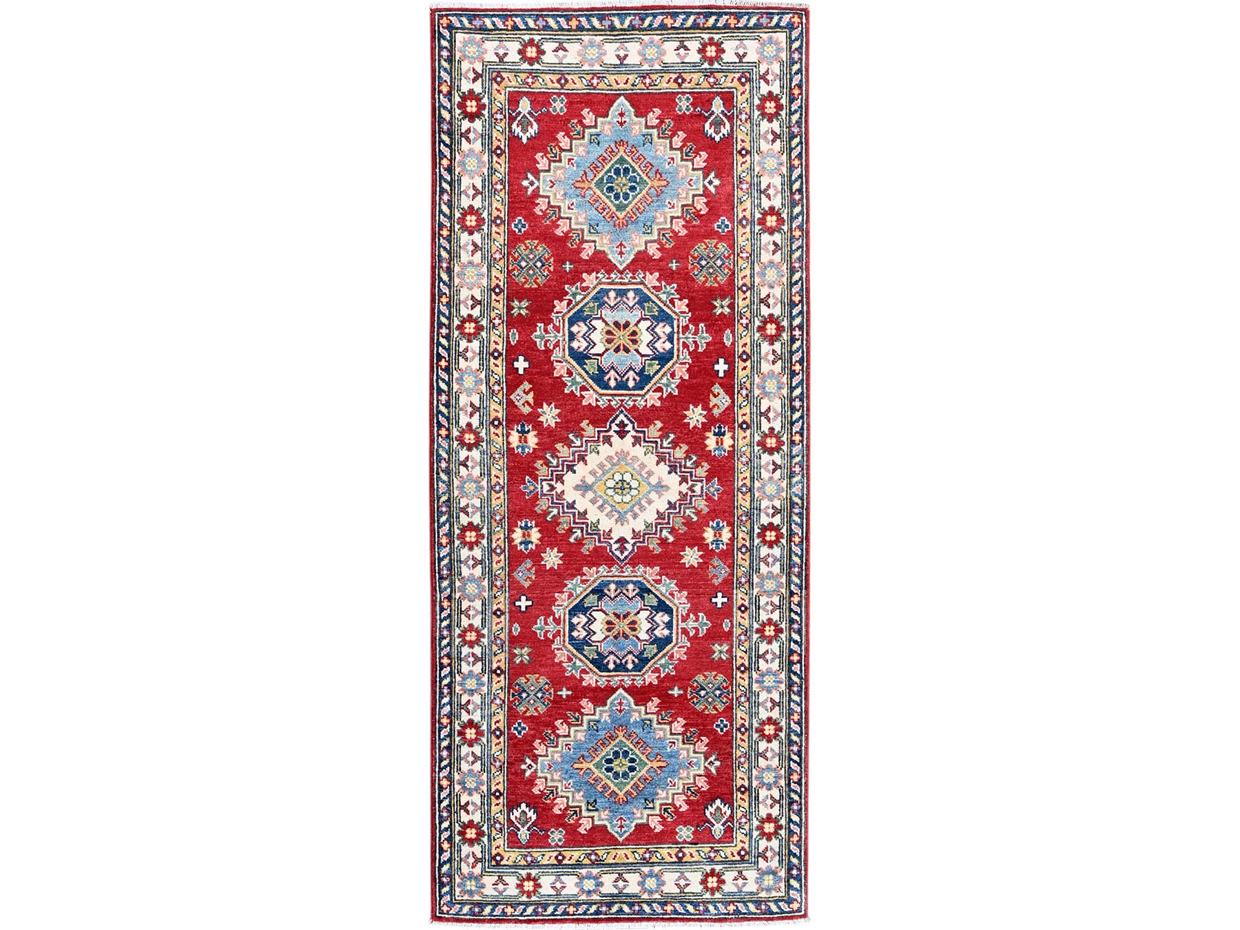 Kazak Kazak hand-knotted wool runner in Red & Ivory, 2'9" x 6'8" — SKU O0430