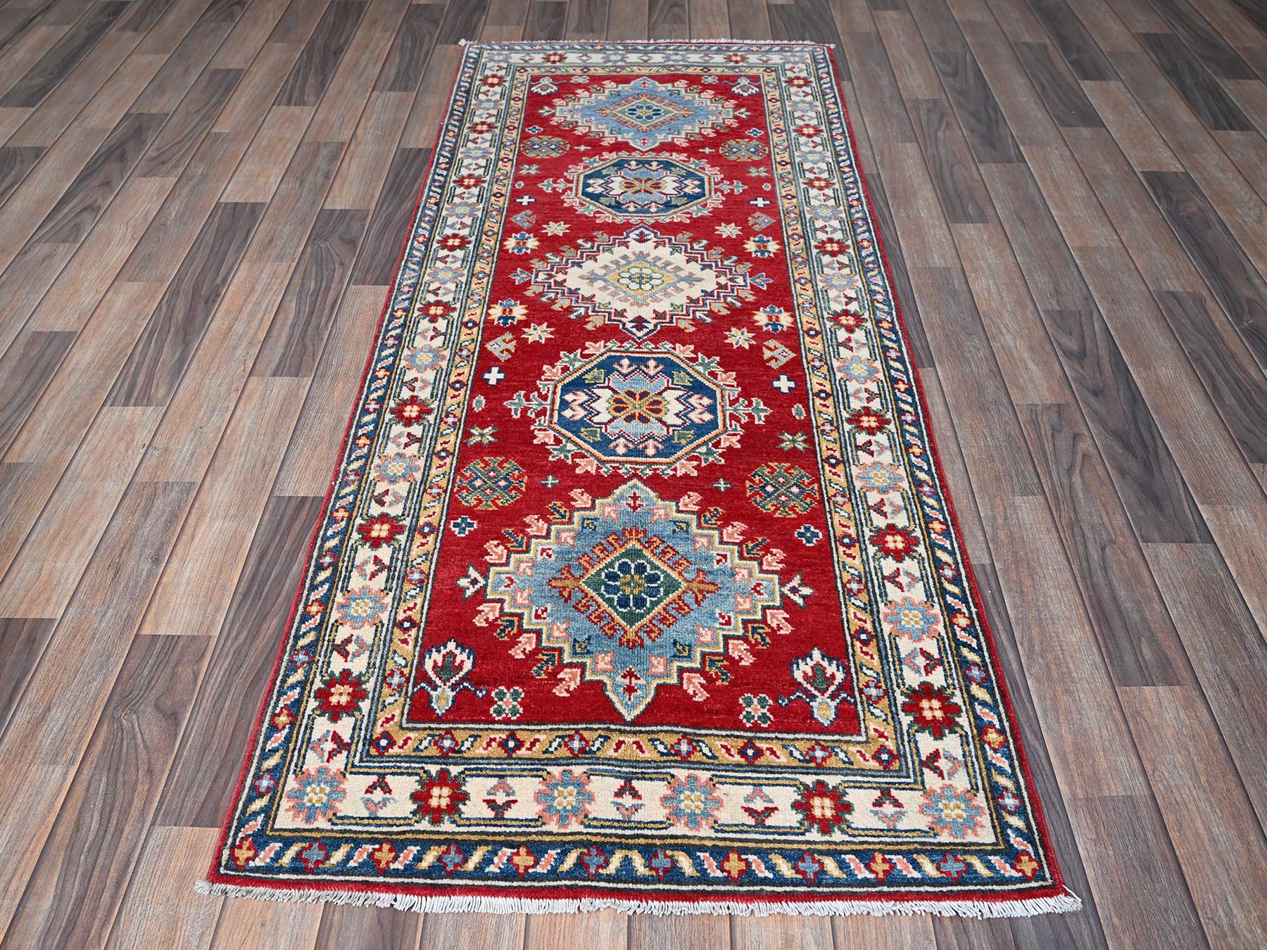 Kazak Kazak hand-knotted wool runner in Red & Ivory, 2'9" x 6'8" — SKU O0430 (view 2)