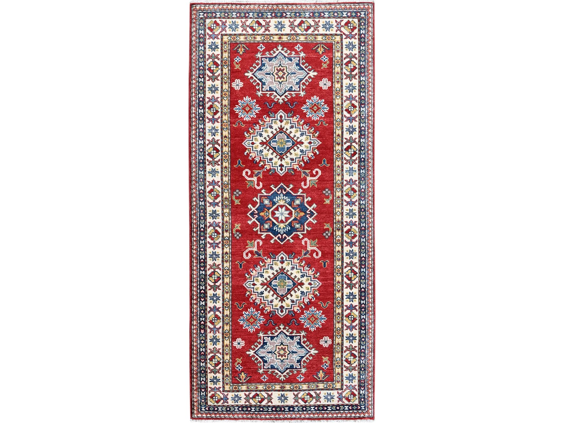 Kazak Kazak hand-knotted wool runner in Red & Ivory, 2'9" x 6'3" — SKU O0431