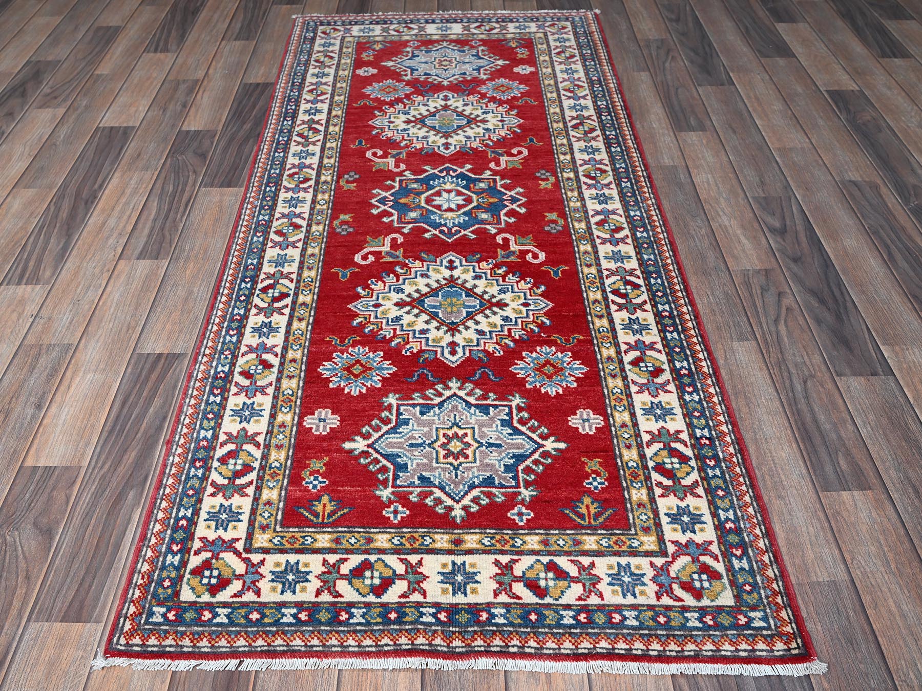 Kazak Kazak hand-knotted wool runner in Red & Ivory, 2'9" x 6'3" — SKU O0431 (view 2)