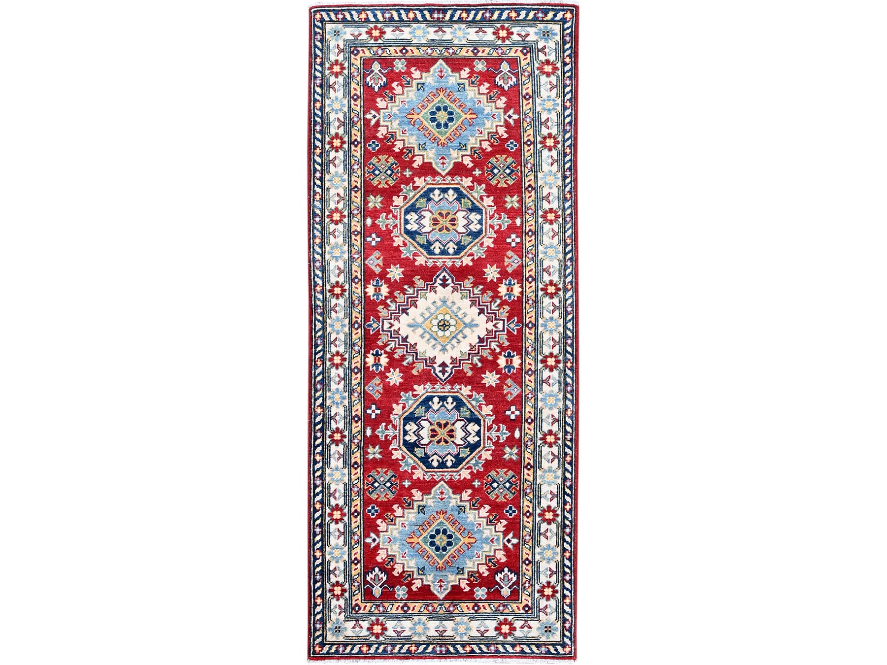 Kazak Kazak hand-knotted wool runner in Red & Ivory, 2'8" x 6'7" — SKU O0433