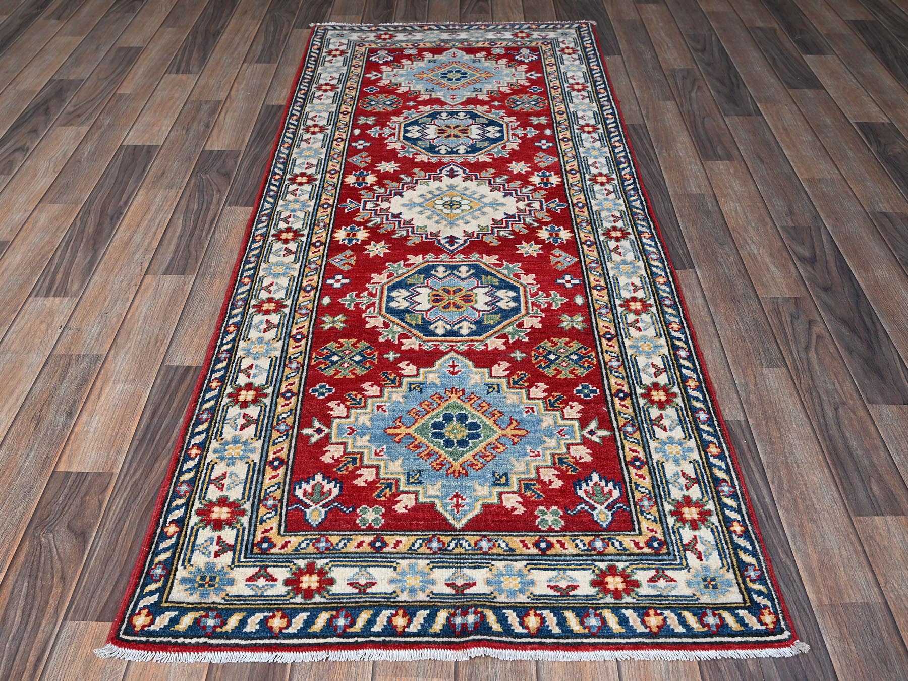 Kazak Kazak hand-knotted wool runner in Red & Ivory, 2'8" x 6'7" — SKU O0433 (view 2)