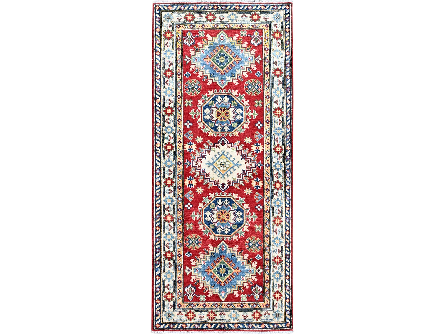 Kazak Kazak hand-knotted wool runner in Red & Ivory, 2'9" x 6'4" — SKU O0434