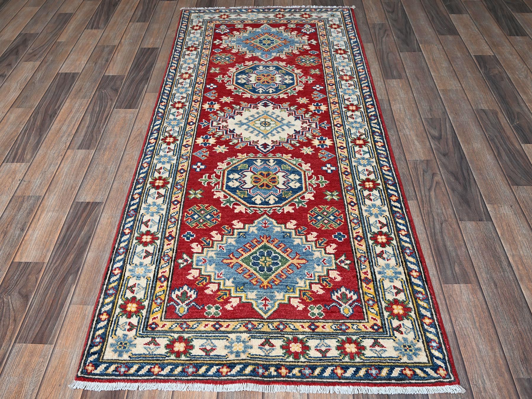 Kazak Kazak hand-knotted wool runner in Red & Ivory, 2'9" x 6'4" — SKU O0434 (view 2)