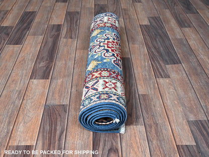 Blue 2'7" x 6'7" Kazak Hand knotted Wool Rug - Sku: O0437