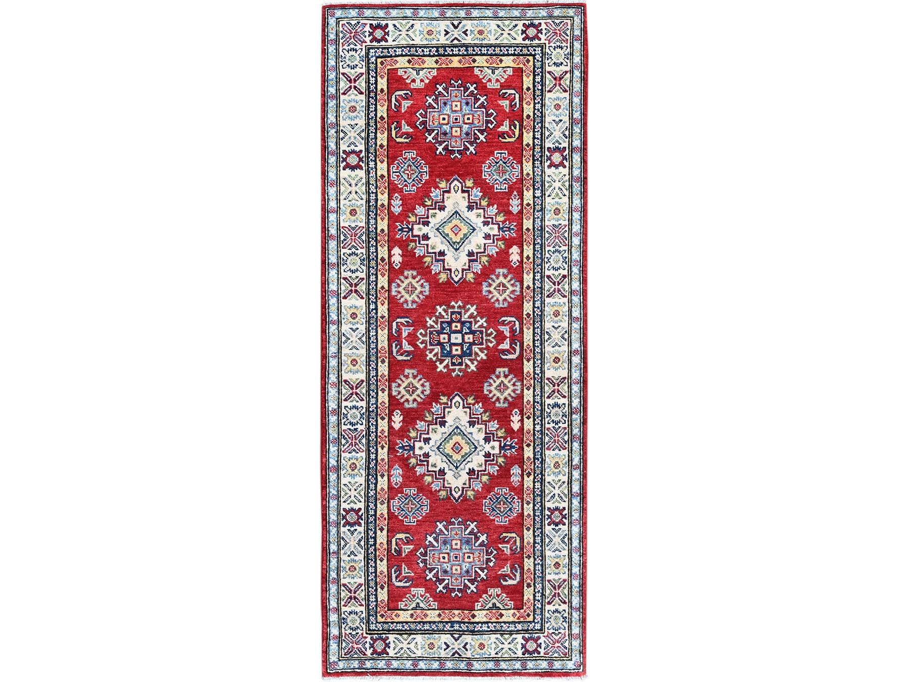 Kazak Kazak hand-knotted wool runner in Red & Ivory, 2'8" x 6'4" — SKU O0444