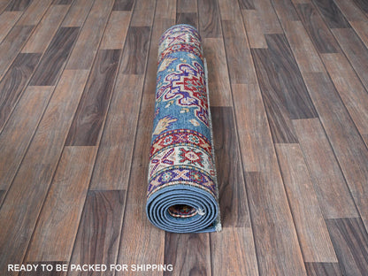 Blue 2'8" x 6'4" Kazak Hand knotted Wool Rug - Sku: O0446