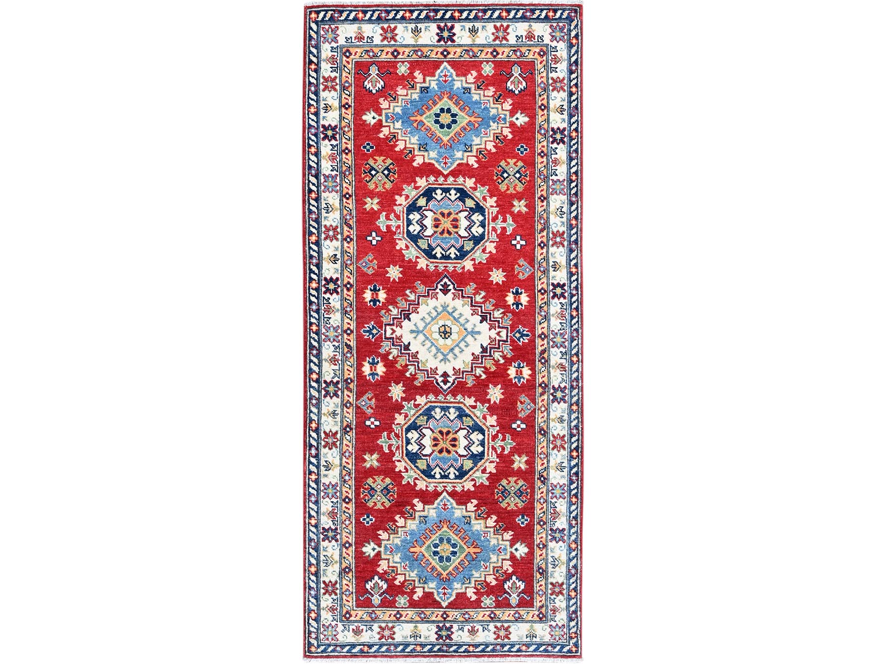 Kazak Kazak hand-knotted wool runner in Red & Ivory, 2'9" x 6'7" — SKU O0447