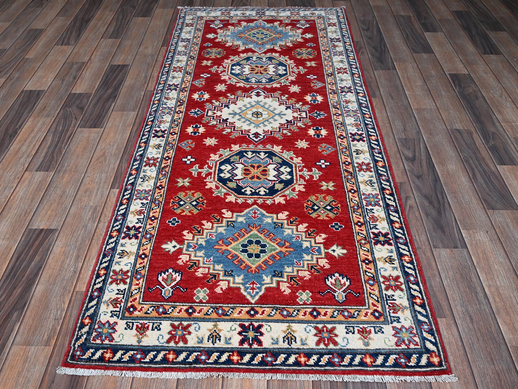 Kazak Kazak hand-knotted wool runner in Red & Ivory, 2'9" x 6'7" — SKU O0447 (view 2)