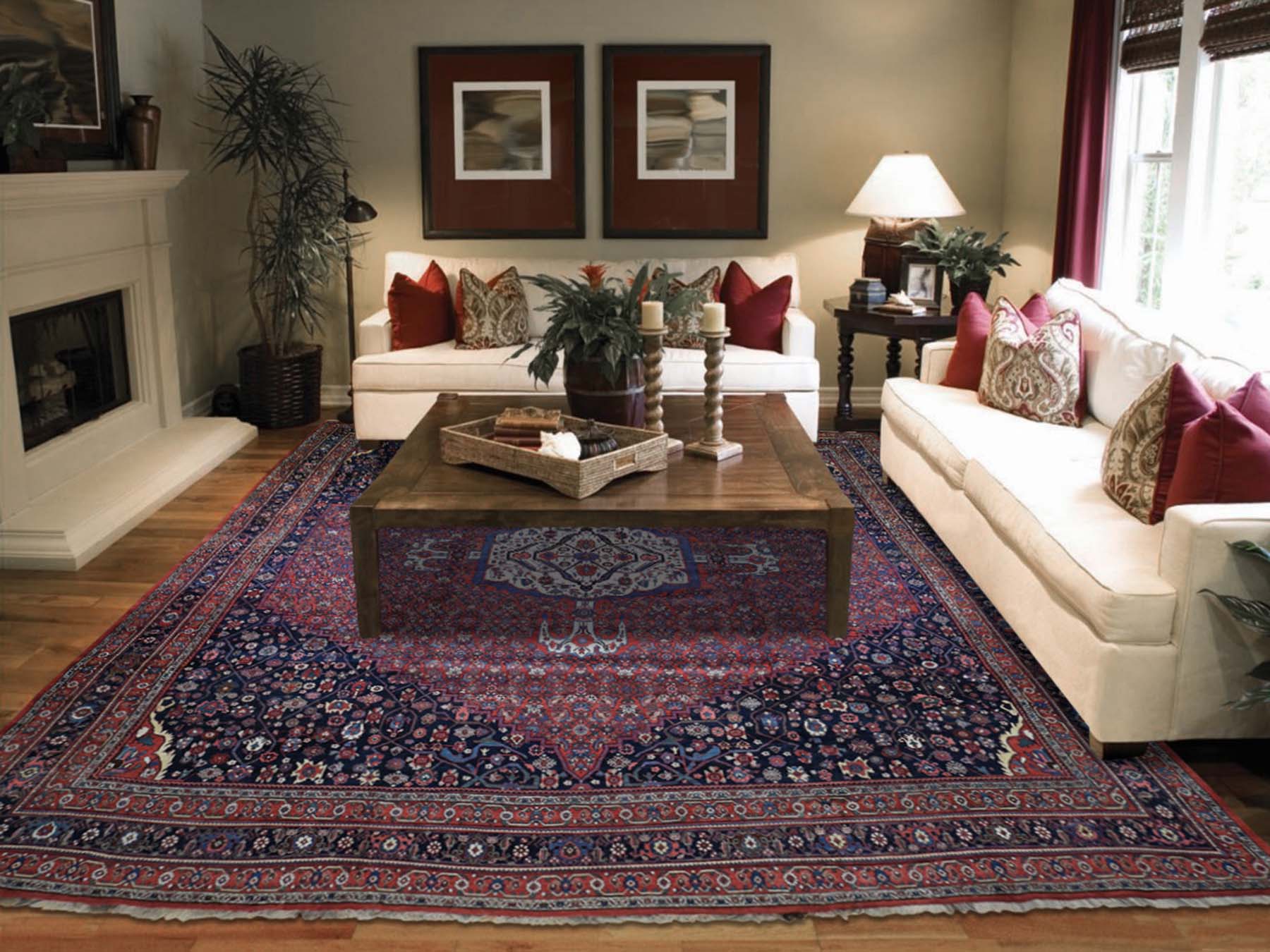 Antique hand-knotted wool rug in Red & Navy Blue, 14'6" x 19' — SKU O044876 (view 2)