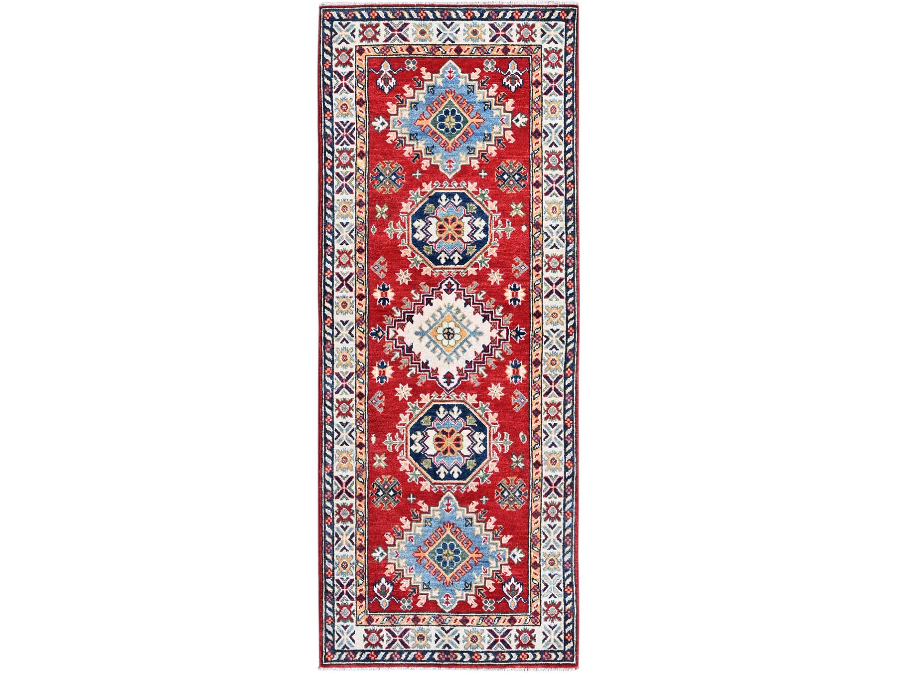 Kazak Kazak hand-knotted wool runner in Red & Ivory, 2'7" x 6'9" — SKU O0451