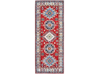 Kazak Kazak hand-knotted wool runner in Red & Ivory, 2'7" x 6'9" — SKU O0451