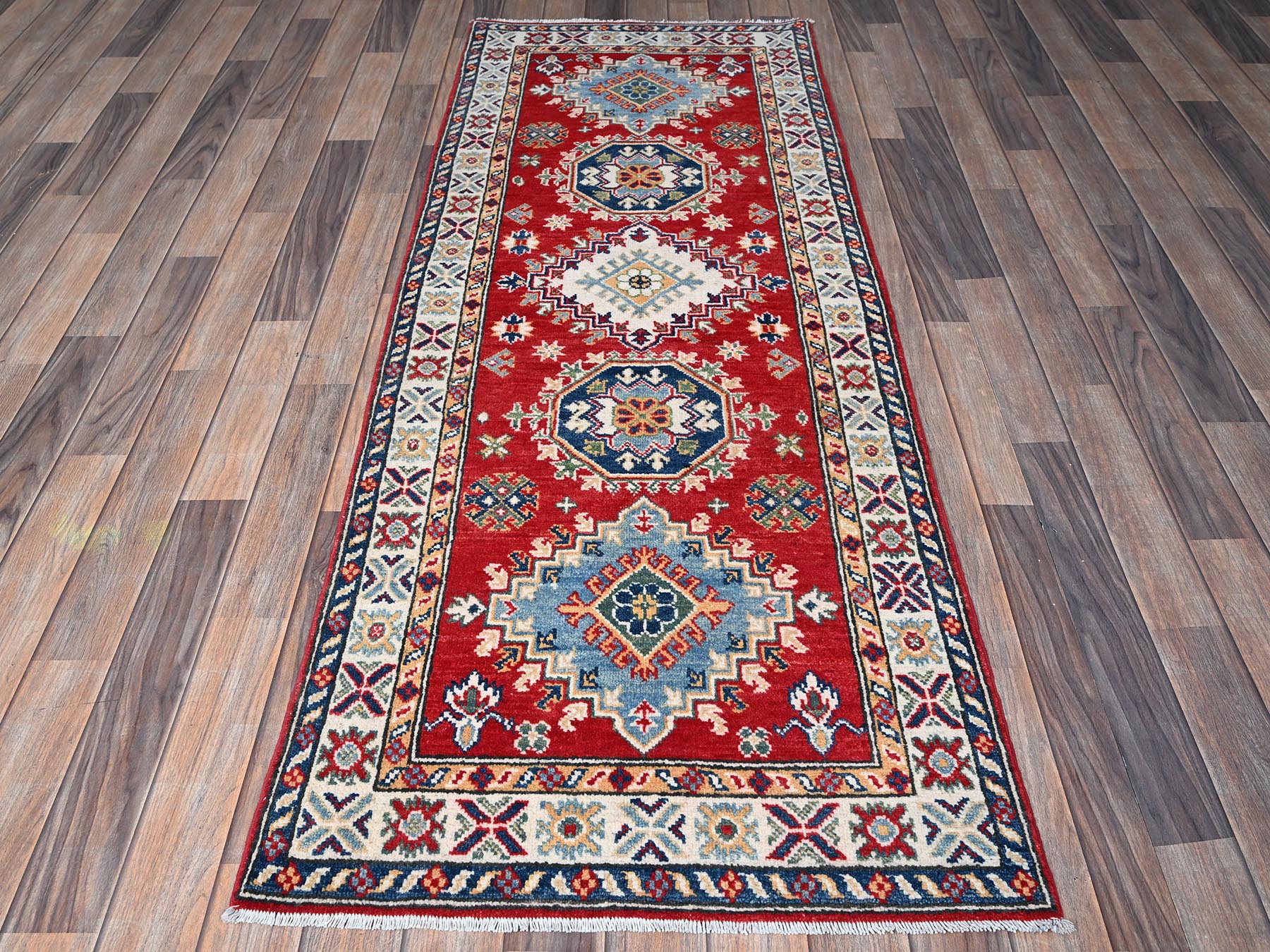 Kazak Kazak hand-knotted wool runner in Red & Ivory, 2'7" x 6'9" — SKU O0451 (view 2)