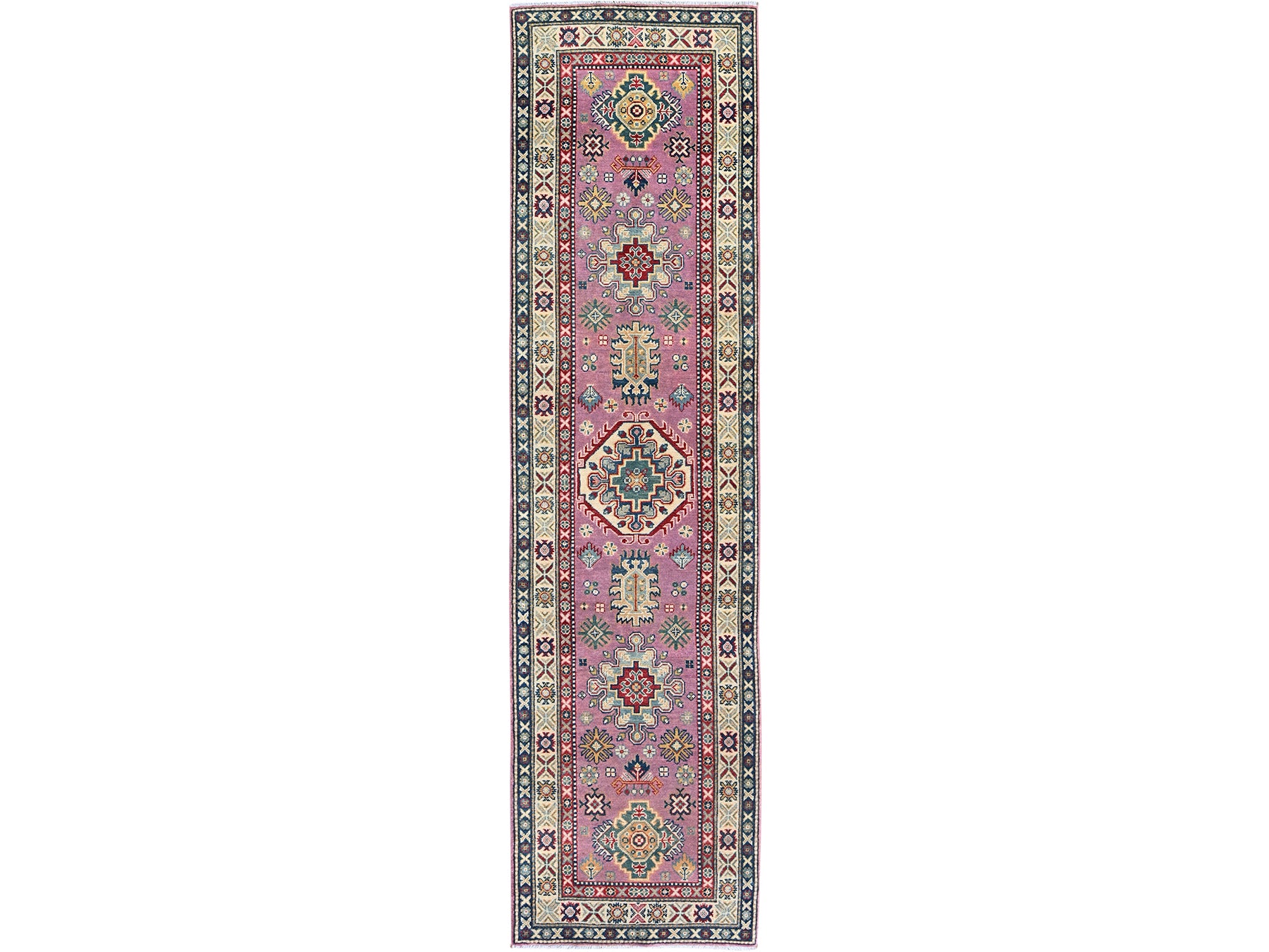 Kazak Kazak hand-knotted wool runner in Pink & Ivory, 2'7" x 10'1" — SKU O0455